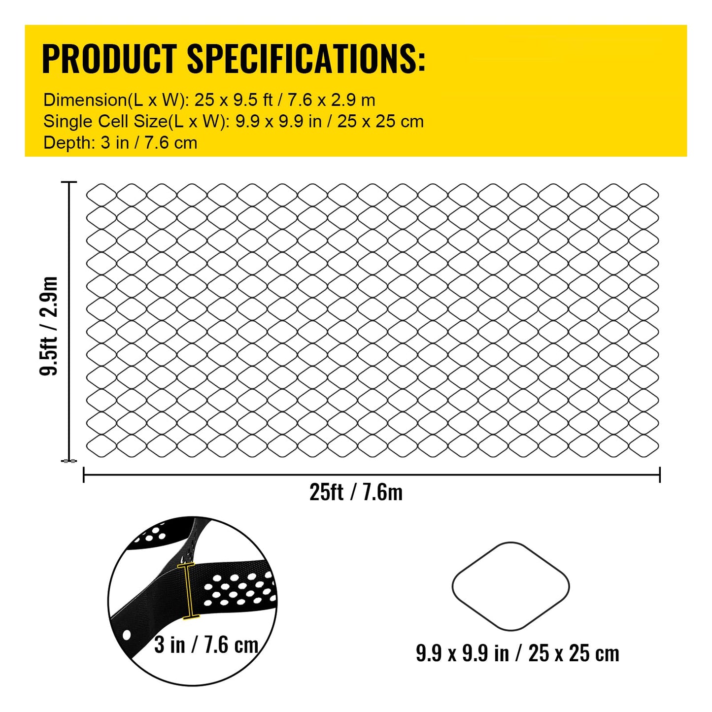 VEVOR Ground Grid 25 ft x 9.5 ft, 1885 lbs per Sq Ft Load Geo Grid, 3" Depth Permeable Stabilization System for DIY Patio, Walkway, Shed Base, Light Vehicle Driveway, Parking Lot, Grass, and Gravel