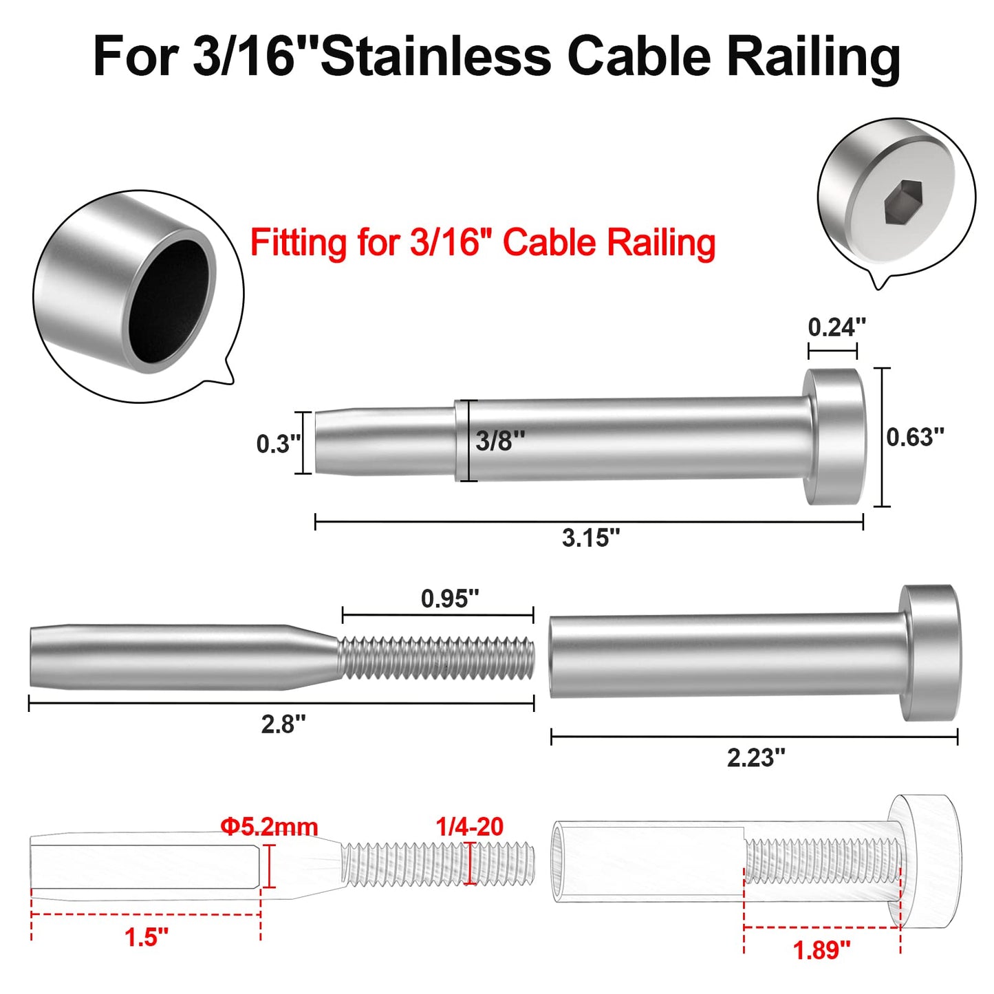BLIKA 60 Pack 3/16" Invisible Cable Railing Kit, Stainless Steel Invisible Receiver and Swage Stud End, Cable Railing Tensioner 3/16" for 2"x2", 4"x4" Wood/Metal Posts, 3/16" Cable Railing Hardware