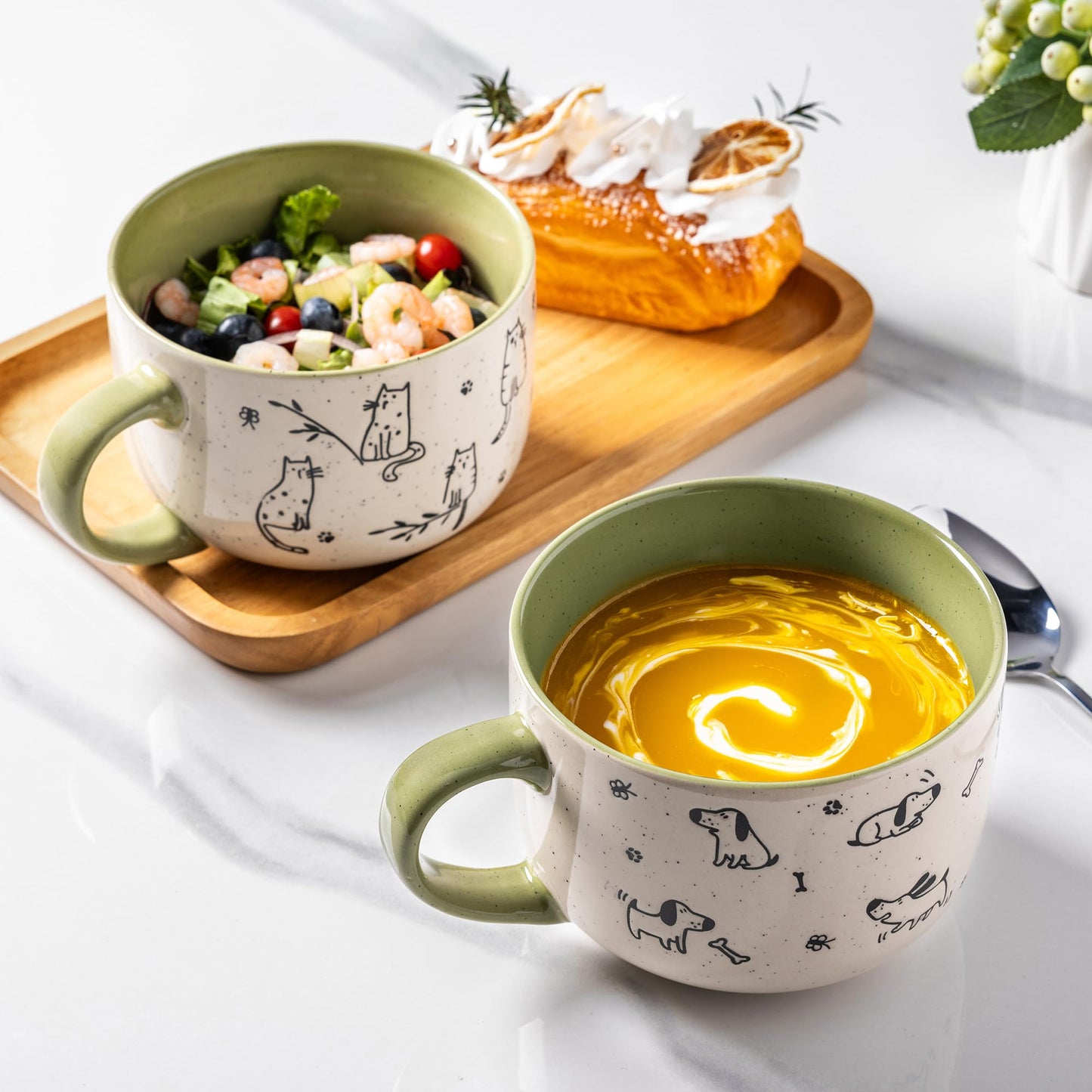 AmorArc 32 Ounces Ceramic Soup Mugs with Lids and Handle, Stoneware Bowls Cup Set of 2 for Soup, Stew, Noodle, Beautiful Mug Bowls With Lovely Dog,Cat Patterns, Microwave&Dishwasher Safe, Olive