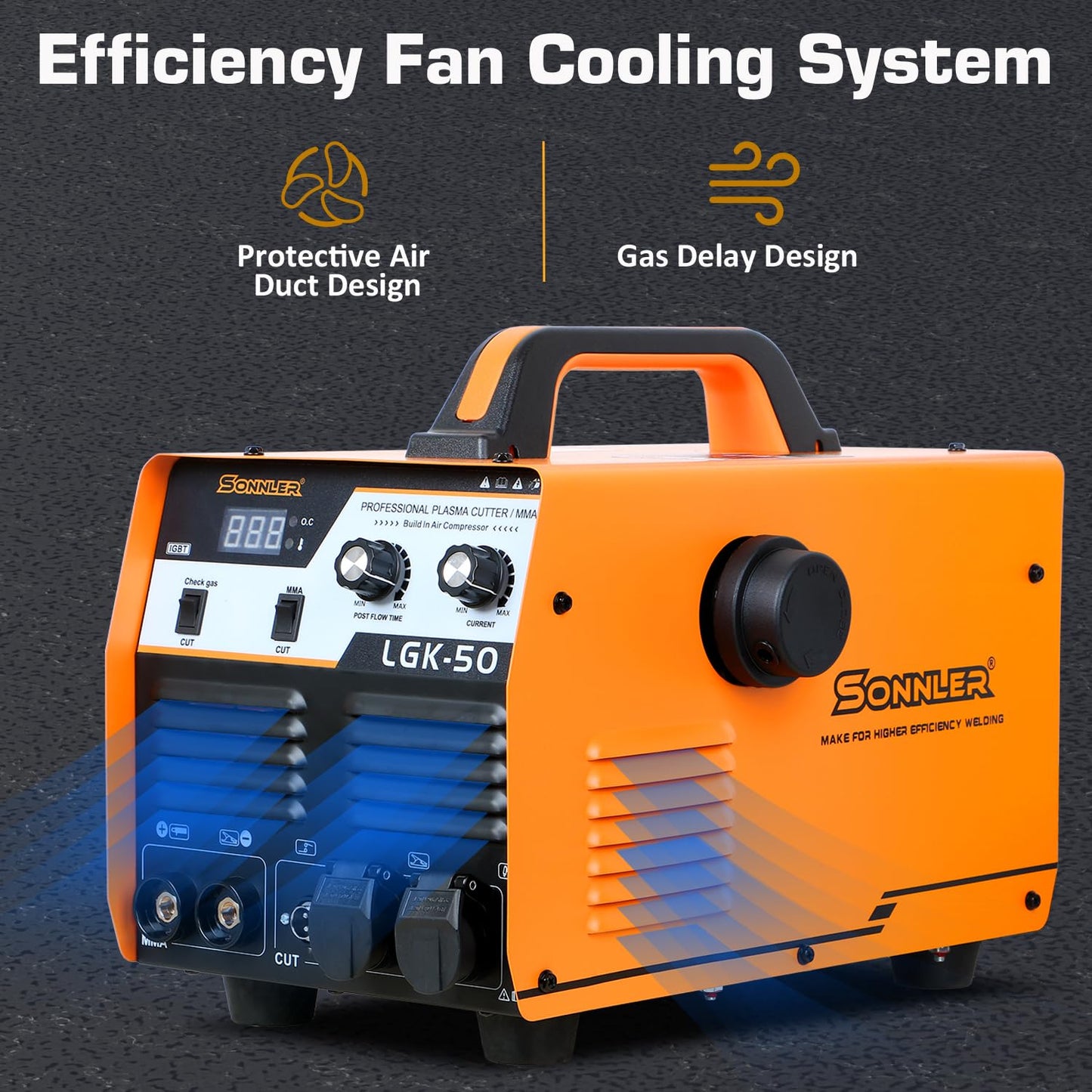 SONNLER 2 in 1 50A Plasma Cutter/MMA, 220V Digital Inverter IGBT Plasma Cutter Machine With Built-in Air Compressor, 1/3 Inch Clean Cut With Gas Delay.