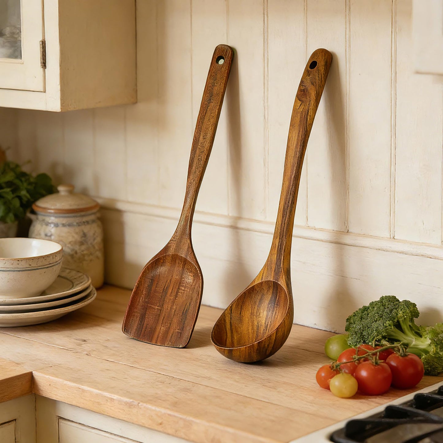 Tmkit Wooden Ladle, Natural Acacia Wood Soup Spoons for Cooking, Serving, Stirring -12.9in Long, 2.5 oz Large Capacity- Premium Wooden Utensil Spoons for Mom, Wife Cooking Gifts
