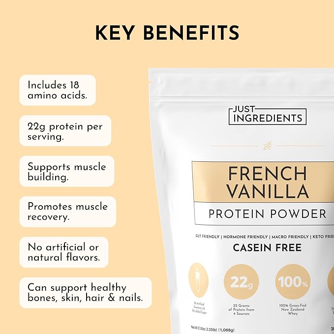 JUST INGREDIENTS French Vanilla Protein Powder ??30 Serving Bag ??Grass-Fed Whey & Plant Protein Blend with Real Vanilla Bean ??Sweetened with Coconut Sugar & Monk Fruit, Non-GMO, Gluten-Free