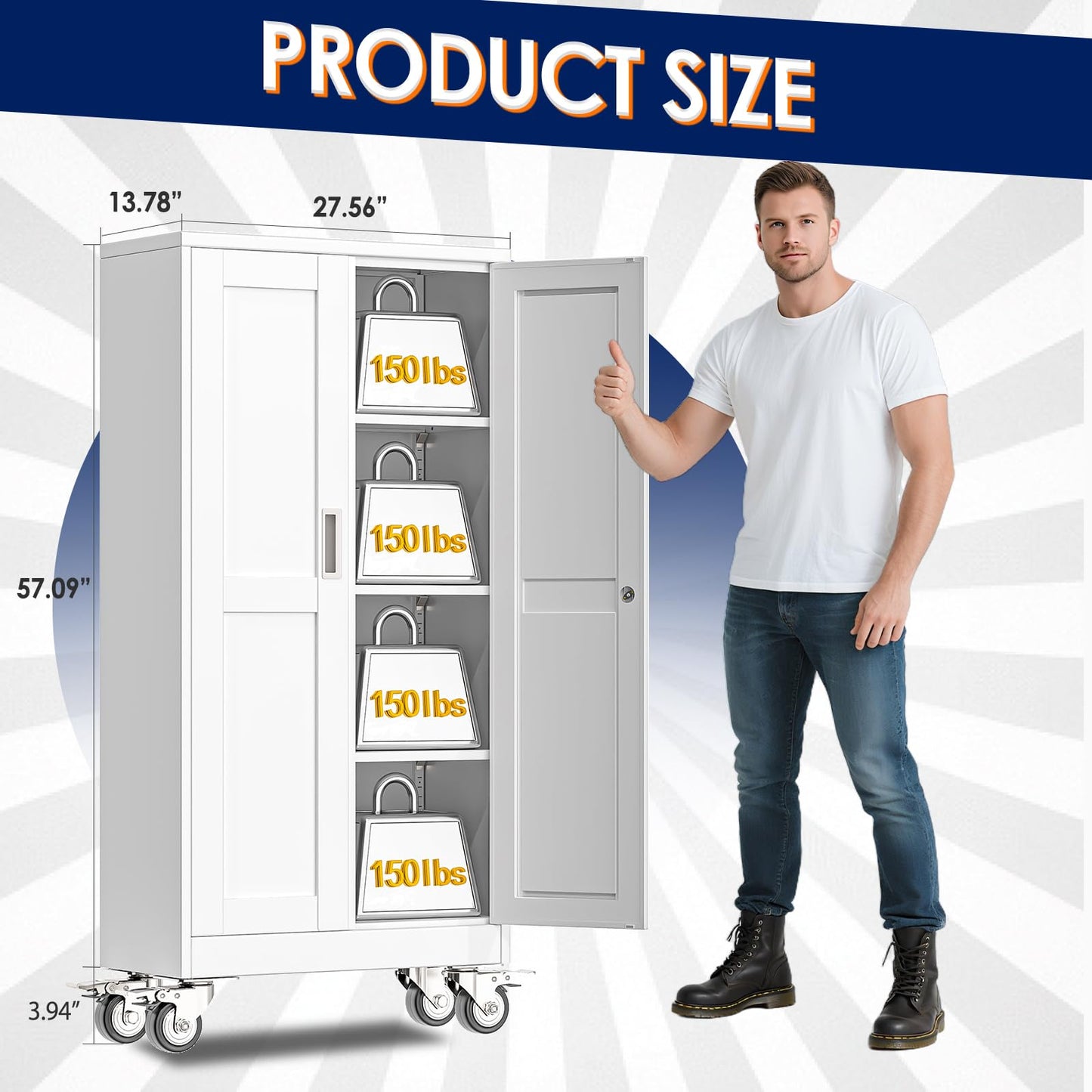 erosoei 61" H Metal Garage Storage Cabinet, Rolling Tool Cabinet with 2 Doors and Wheels, Locker Steel Cabinet with 3 Adjustable Shelves, Organization Cabinet for Garage,Office,Home,Gym,School（White）