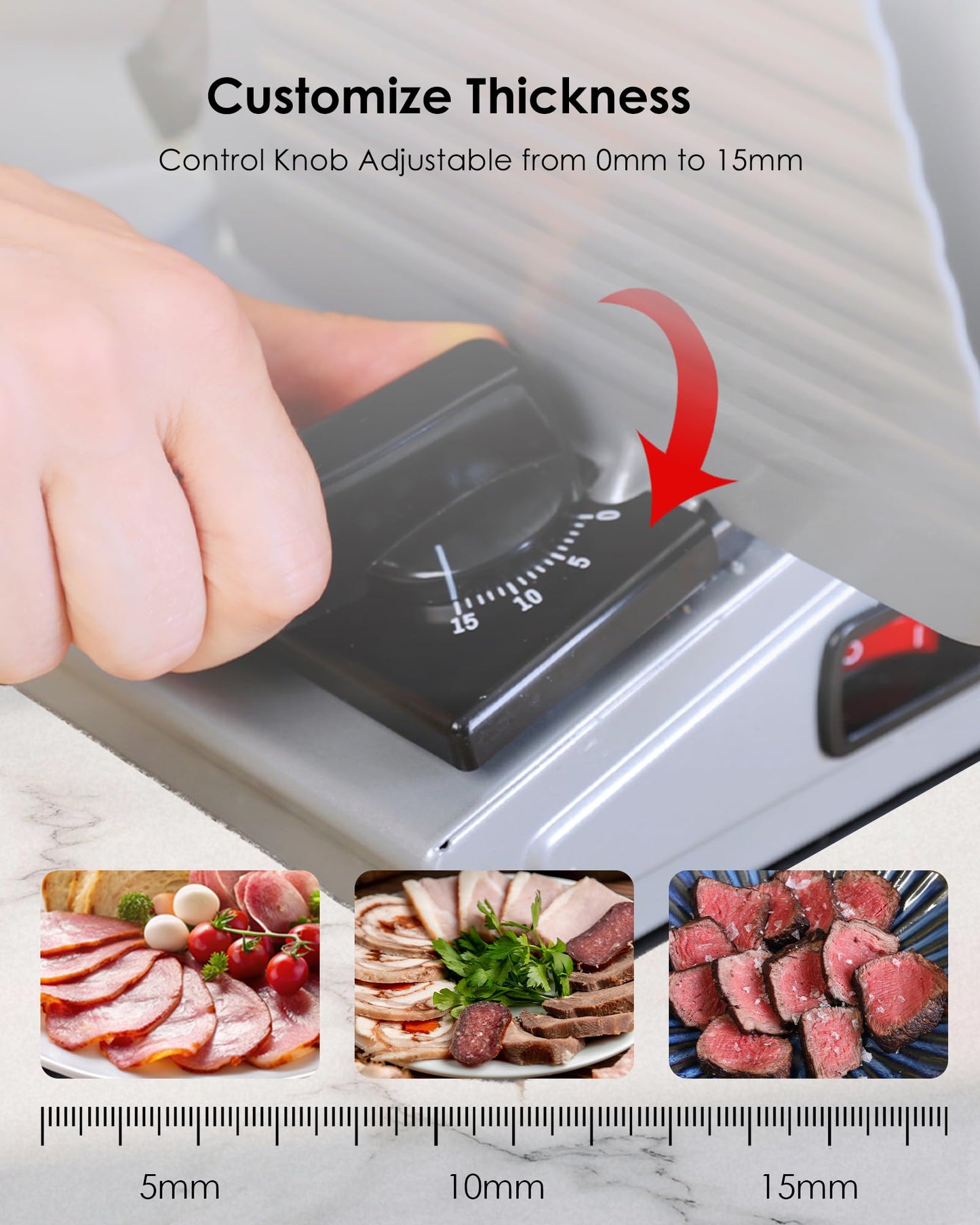 Meat Slicer Machine for Home Use - Electric Deli Food Slicer with Removable 7.5'' Stainless Steel Blade, 1-15mm Adjustable Thickness Meat Slicers for Slicing Meat, Cheese, Bread, Easy to Clean (Black)