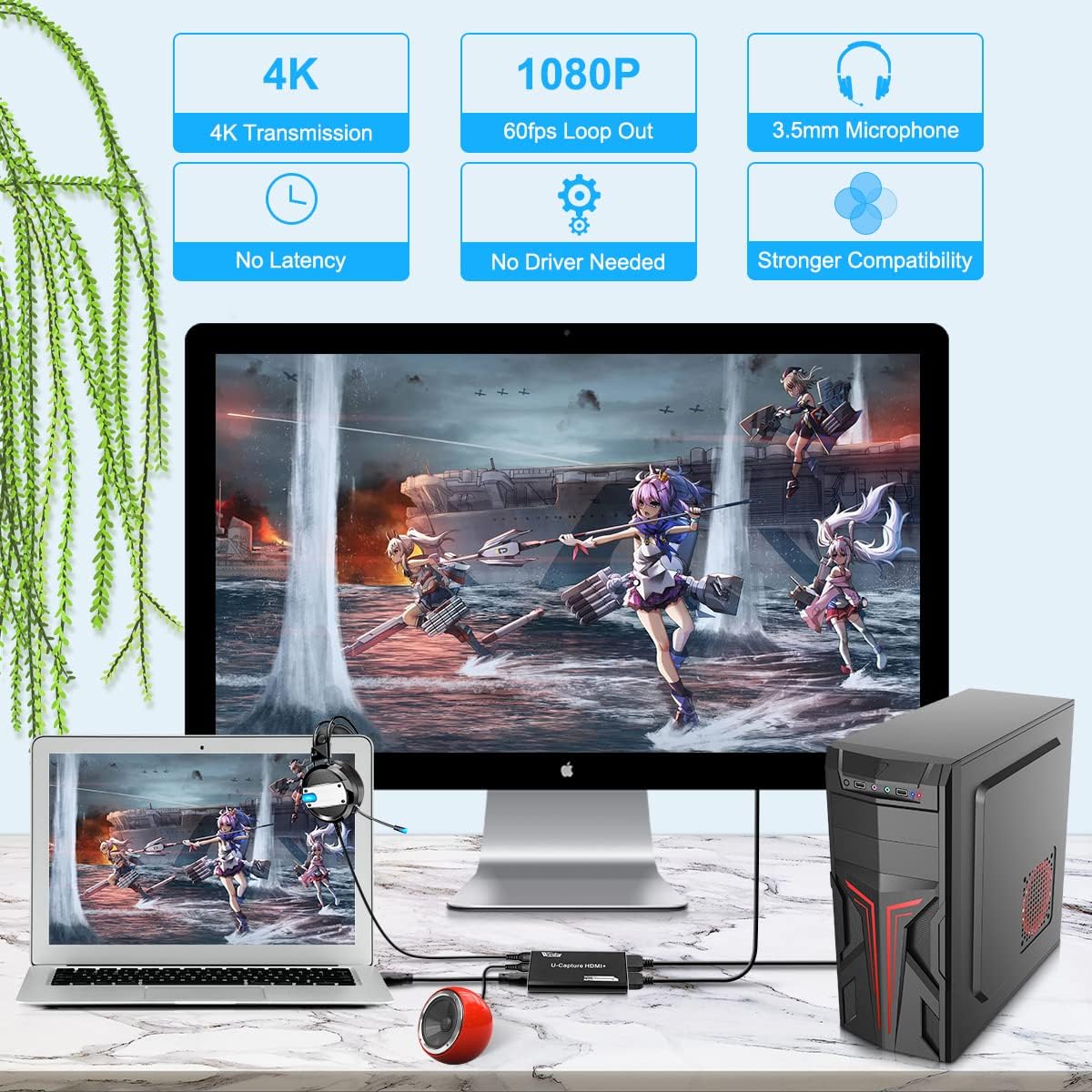 HDSUNWSTD 4K 1080P 3.0 Audio Video Capture Card, Recording Card with Microphone HDMI Loop-OutHDMI to USB for Gaming