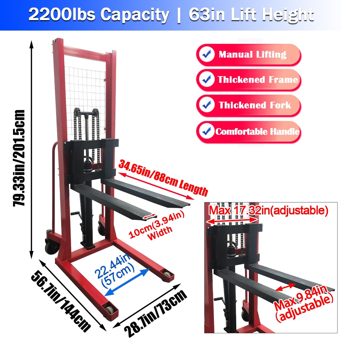 EQCOTWEA Manual Hydraulic Pallet Stacker 2200 LBS Load Pallet Truck Stacker 64" Lift Height Adjustable Forks Manual Stacking Winch Truck Used for Single Sided Pallets, for Warehouse Material Lifting