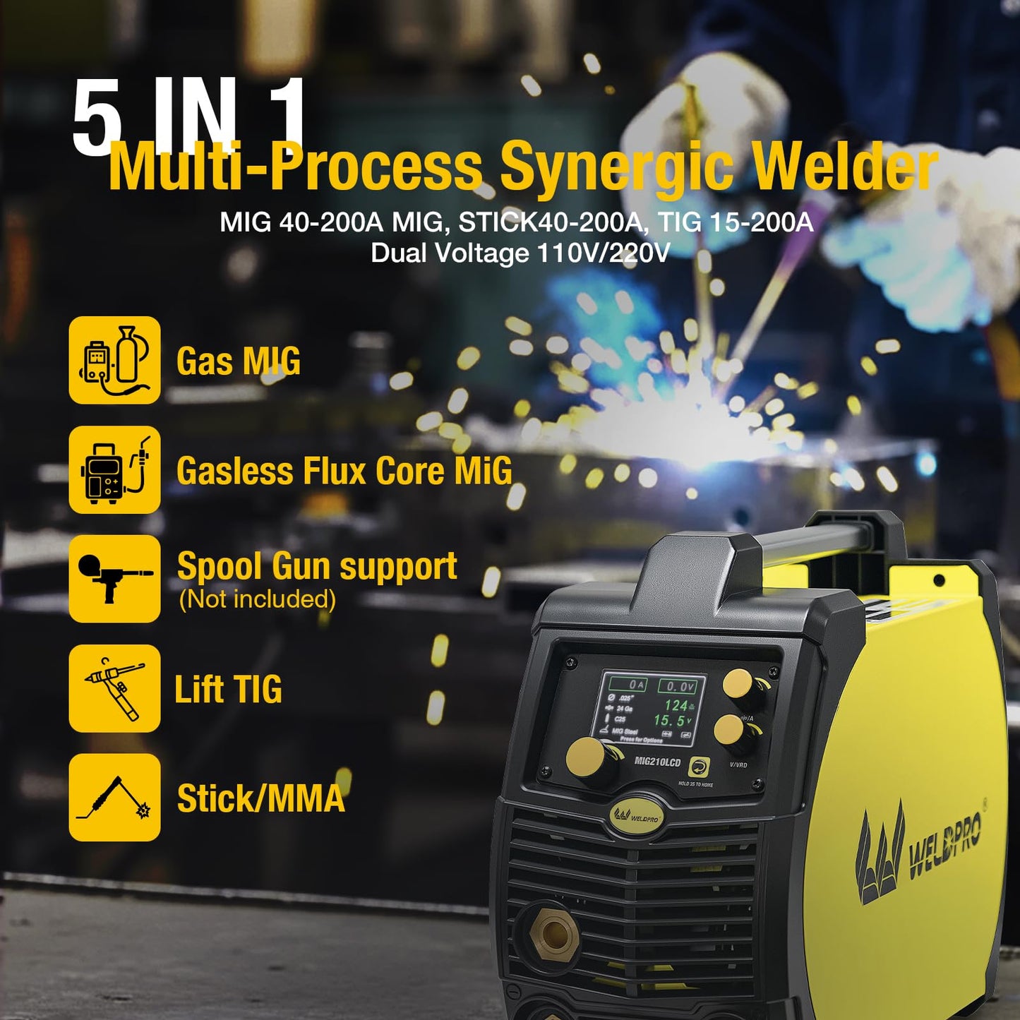 Weldpro 200A MIG Welder, 110V/220V Flux Core MIG Welder/MMA/TIG/Stick 5 in 1 Welding Machine with Spot Timer, IGBT Inverter Portable Gasless Welder Equipment, Aluminum Spool Gun Compatible
