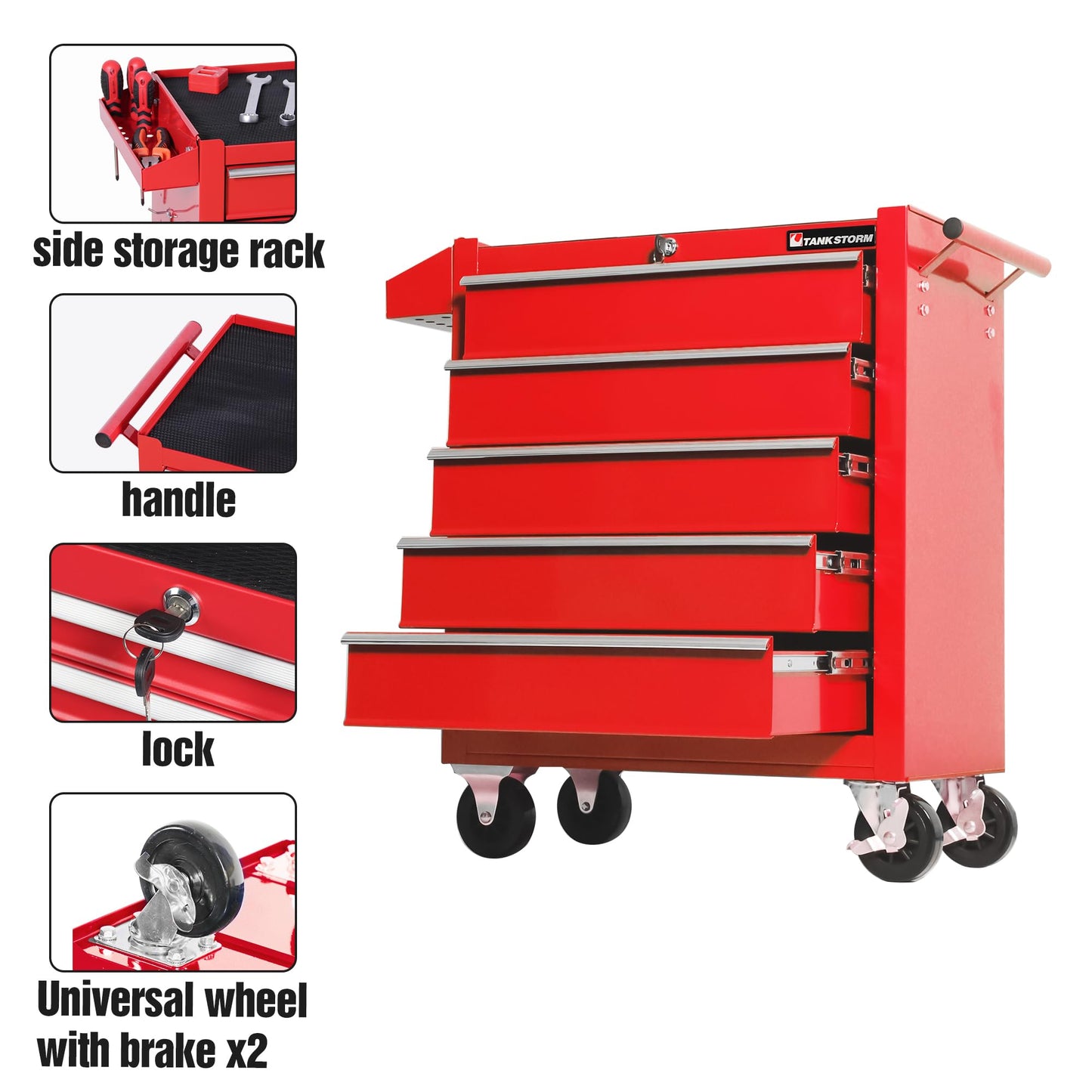 TANKSTORM Tool Chest Heavy Duty Cart Steel Rolling Tool Box 5 Drawer Cart (TZ35 Red)