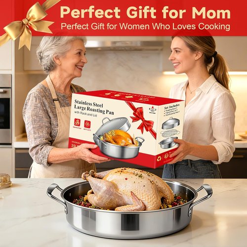 GRILL BUMP Roasting Pan - 21x13 Inch Stainless Steel Turkey & Chicken Roaster with Rack and Lid