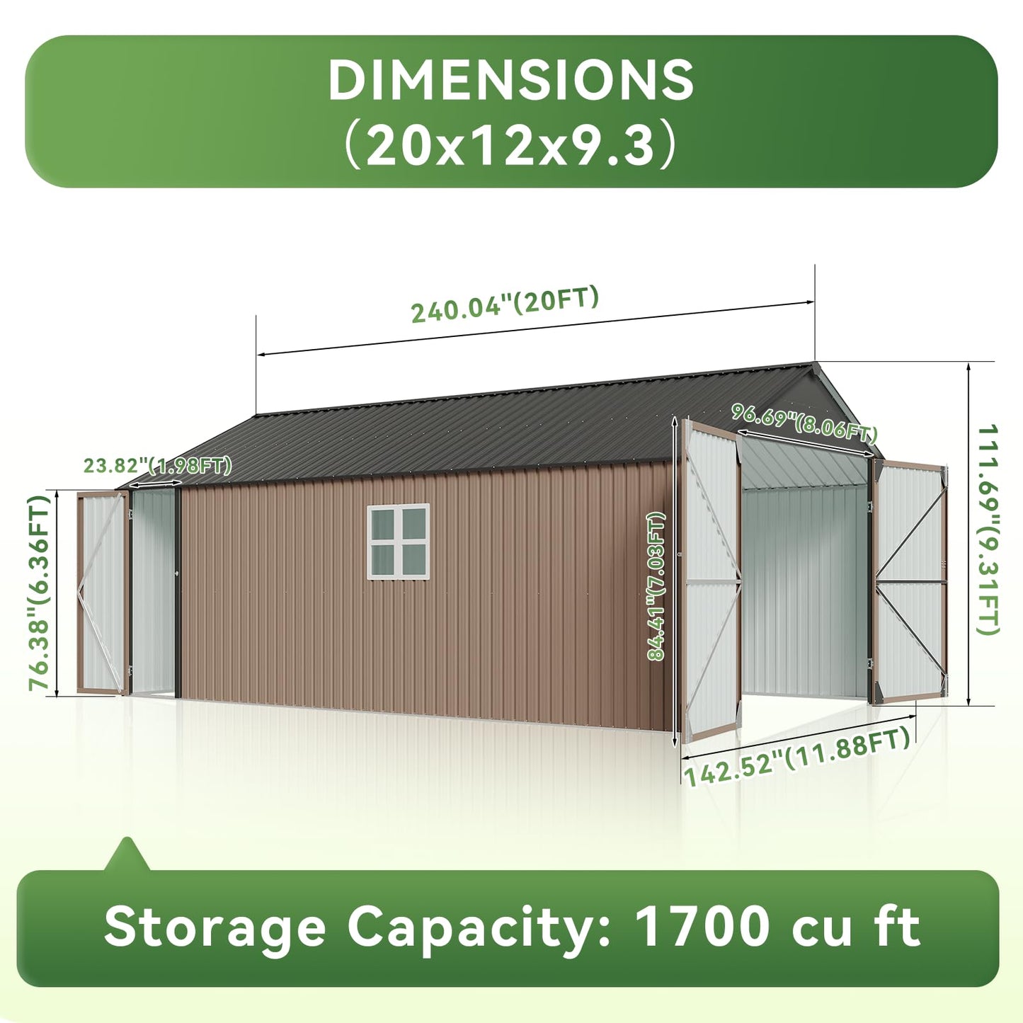 Aoxun 12x20x9.3 FT Metal Storage Shed Outdoor Large Garage Shed Carport with Double Doors,Side Door & Windows, Heavy Duty Garden Tool Shed All-Weather Outdoor Building for Vehicles & Sundries(Brown)
