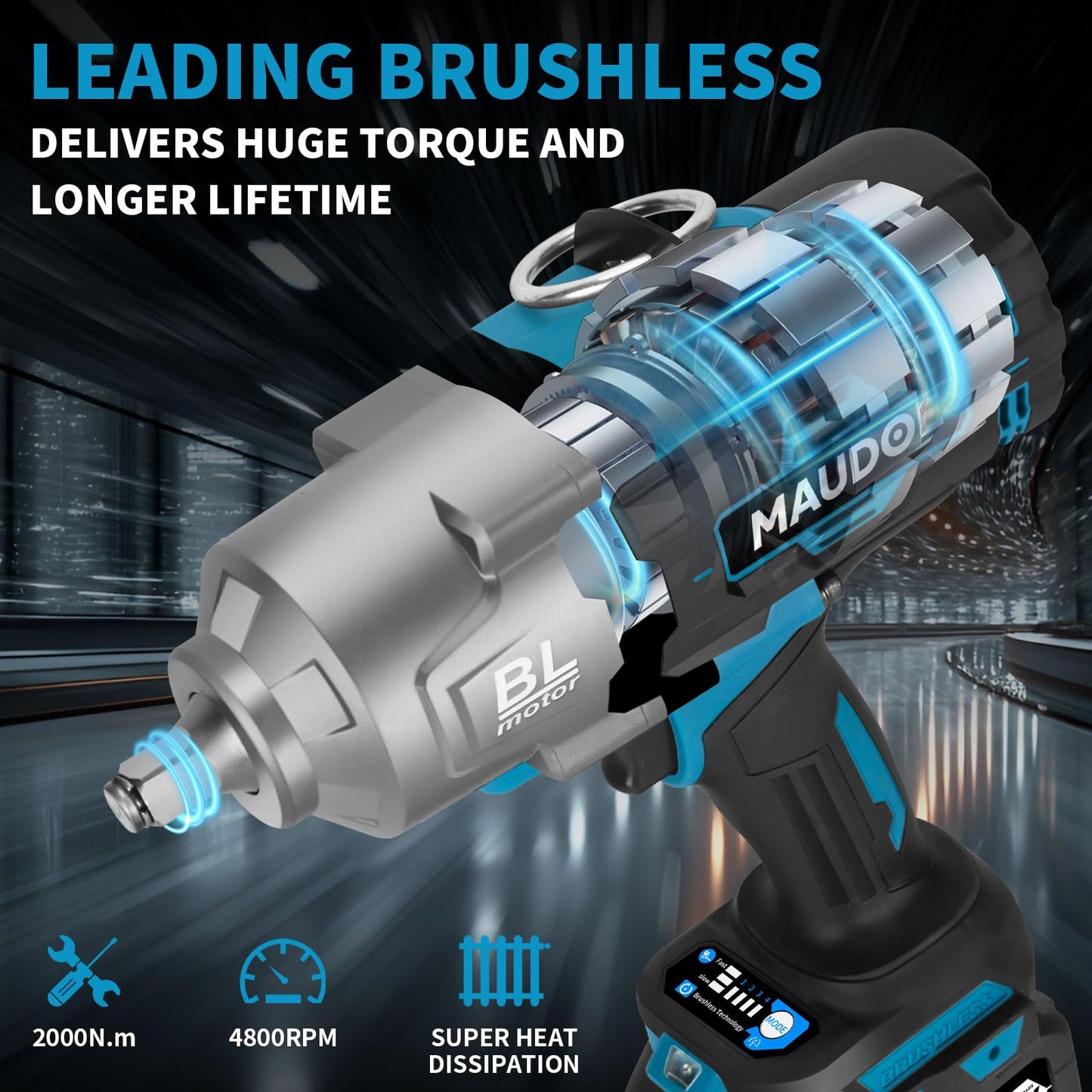 MAUDOE 2000Nm Cordless Impact Gun, 1/2" 1500Ft-lbs Heavy Duty Impact Wrench with 2 x 6.0Ah Battery & 5 Sockets, 21V Brushless High Torque Electric Pistola Llave de Impacto for Car/Truck RV/Mower