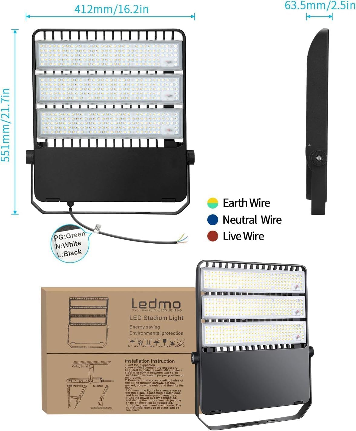 ledmo 360W LED Flood Lights Outdoor, Super Bright 50400LM Stadium Lighting, Commercial Sports Floodlight with Adjustable Bracket Light up Yard, Arena, Barn, IP65 Waterproof 5000K Tri-Modular (2Pack)