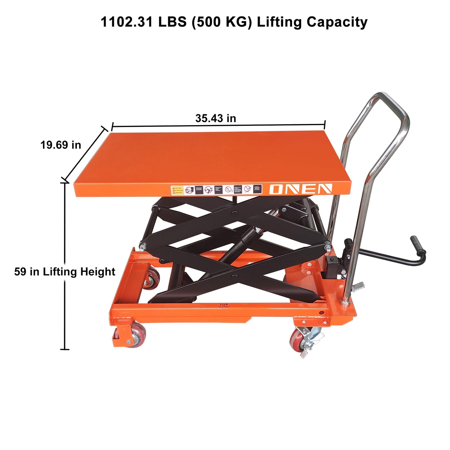 ONEN Hydraulic Scissor X-Frame Lift 1102 LBS Lifting Capacity, 59 in Lifting Height, Manual Scissor Lift Table with 4 Lockable Wheels & Foot Pump, Elevating Hydraulic Cart for Material Handling