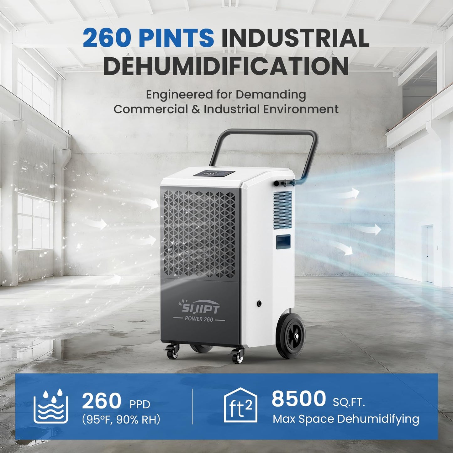 Commercial Dehumidifier with Pump, 260 Pints Industrial Dehumidifier for Basements, Industrial or Commercial Spaces, and Flood Restoration up to 8,500 Sq Ft with Auto Defrost