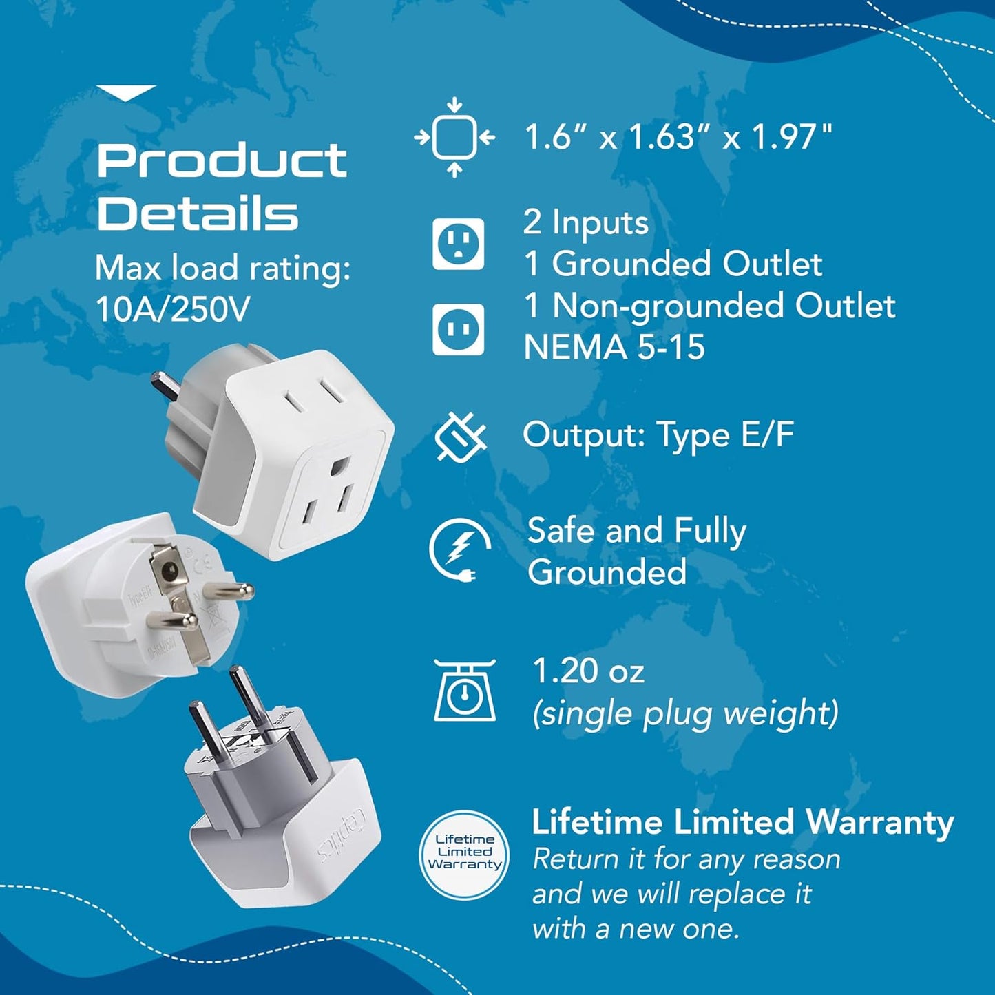 Ceptics (3 Pack) Schuko Germany, France Plug Adapter, Dual Input - Ultra Compact Light Weight - Usa to Russia, South