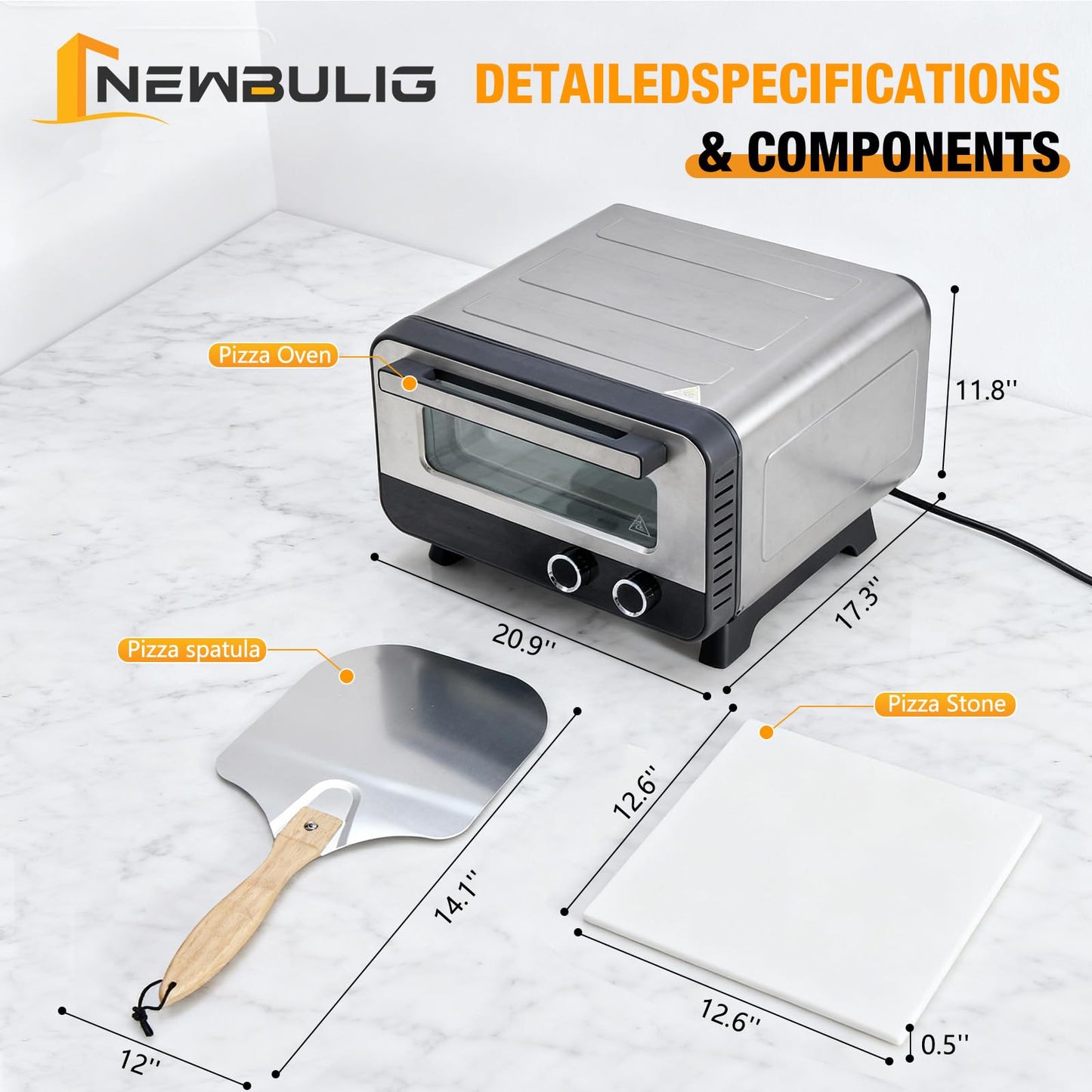 NEWBULIG Pizza Oven Indoor, Electric Pizza Maker Countertop with 6 Presets, Heats to 750°F, 1600W, Makes 12.6'' Pizzas, Includes Stone & Spatula, Touchscreen & Mechanical Control Knobs
