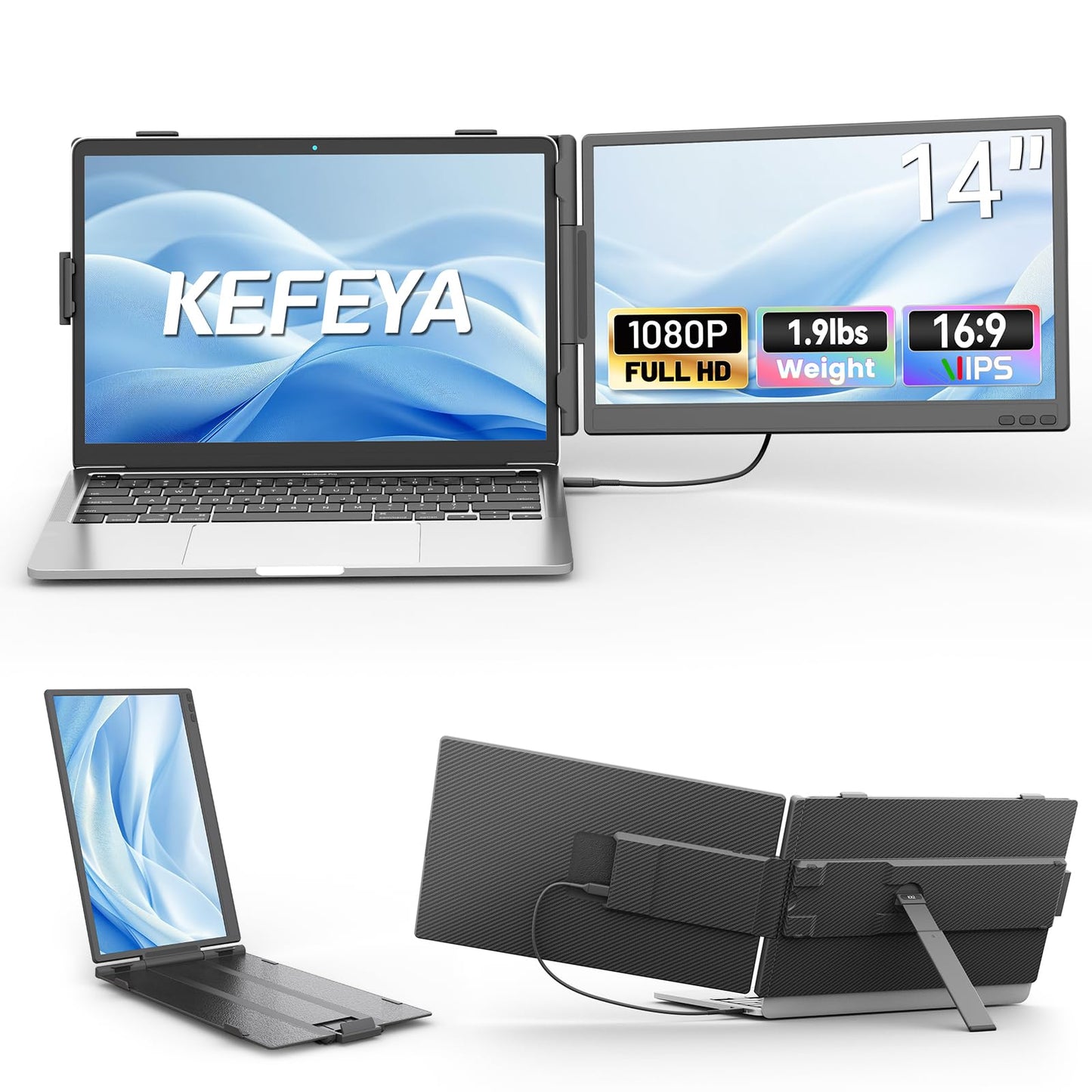 KEFEYA Laptop Screen Extender, 14" FHD 1080P IPS Dual Laptop Monitor Extender, Portable Monitor Plug & Play USB-C/HDMI/USB-A for 13"-17" Laptops, Work with Windows/MacBook/Switch/PS5