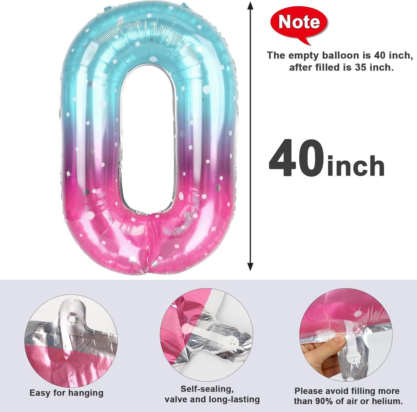 Number 0 Balloons - 40 Inch Pink, Purple & Blue Birthday Decorations for All Ages | Wedding & Baby Shower