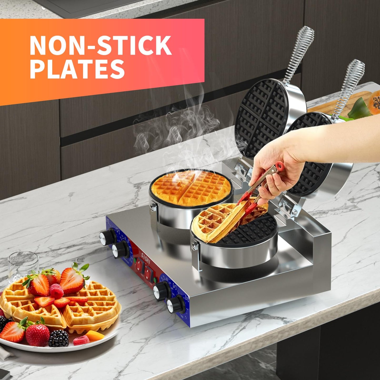 HTTSICHI Waffle Maker - Commercial Waffle Iron w/Two Non-stick 7 in Baking Pans, 550 ℉ Temperature and Timers, 2400W Dual Waffle Machine for Double Baking, Stainless Steel Waffle Maker for Restaurant