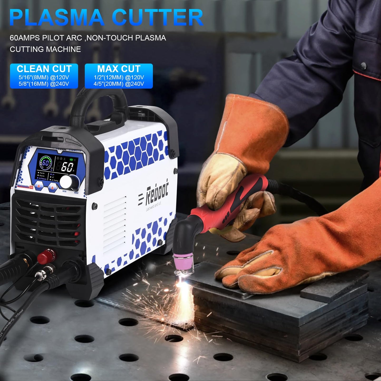 Reboot Pro 60A Plasma Cutter 2025, Pilot Arc Non-Contact Cutting, 120V/240V Dual Voltage,Large Digital Smart Screen with 250Amp MIG Welder TIG Torch Included 120V/240V RBM2500 PRO, 8-in-1 MAG/Lift TIG