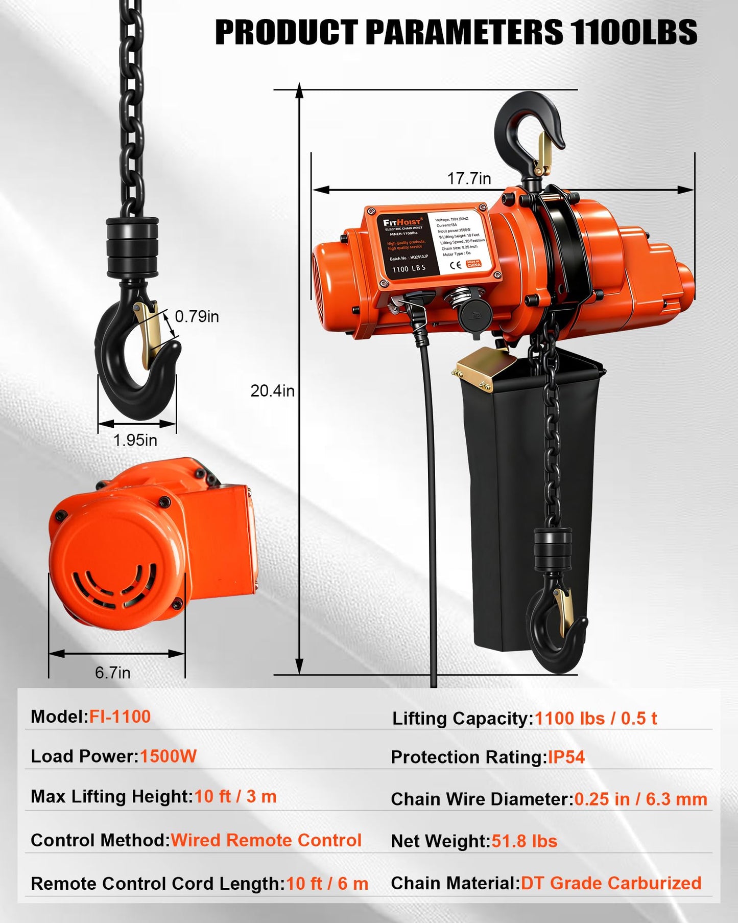 FITHOIST Electric Chain Hoist, 1100 lbs Electric Hoist with 20 ft Wired Remote Control, 10 ft Lifting Height, 1500w Single Phase Overhead Crane with Chain for Factories, Warehouses, Garages, Home