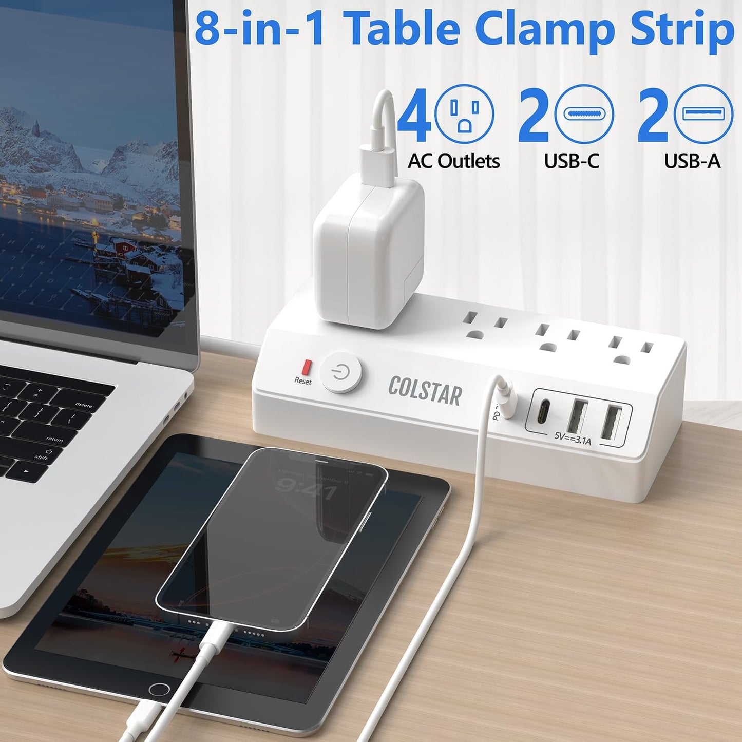 colstar 20W 10FT Desk Clamp Power Strip with USB, USB C Fast Charging, Clamps Securely to Desk Edge, Flat Plug