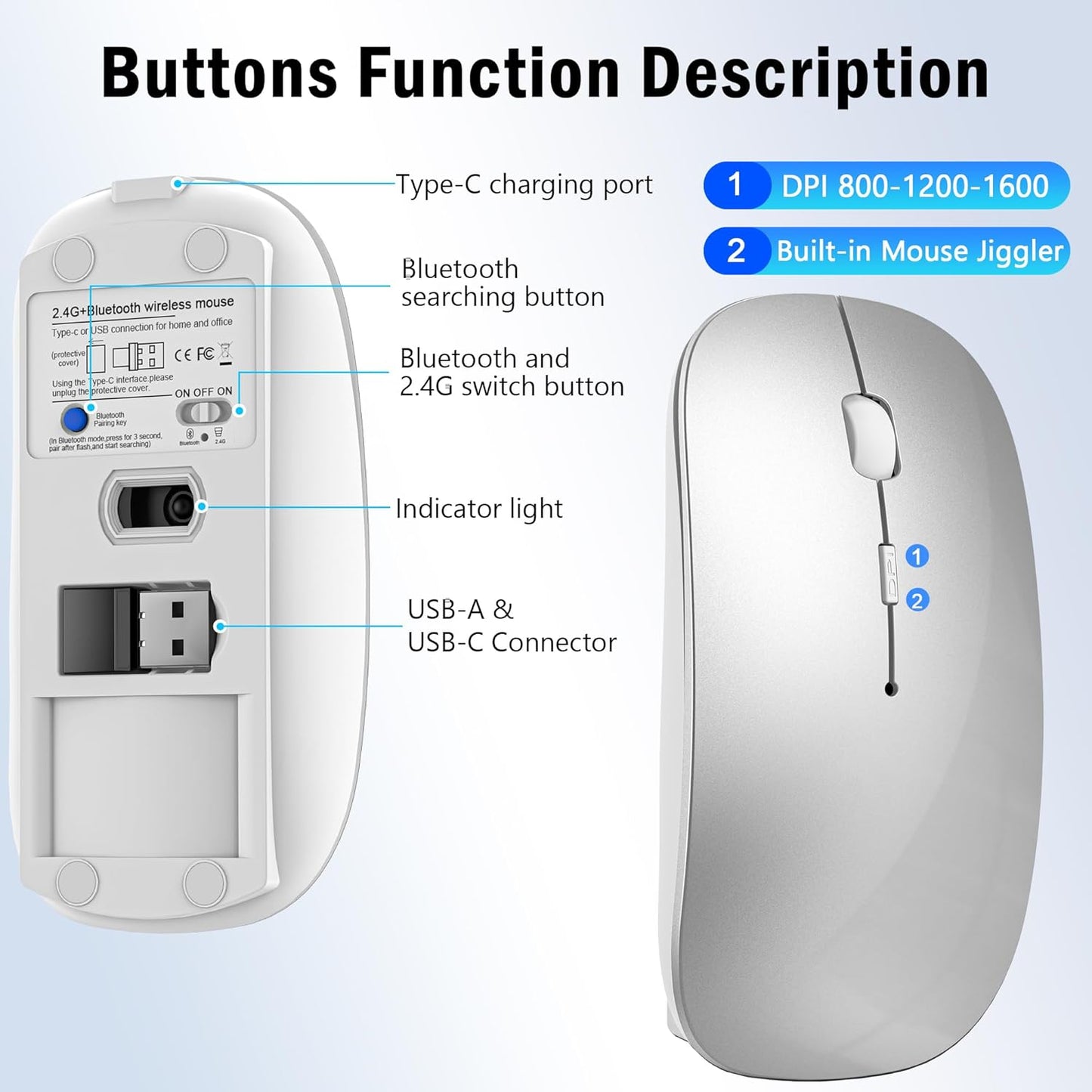 FYBC 2.4G 2 5.2/3.0 2.4G Bluetooth Wireless Laptop Mouse for MacBook Air iPad Mac, Rechargeable Computer Mouse