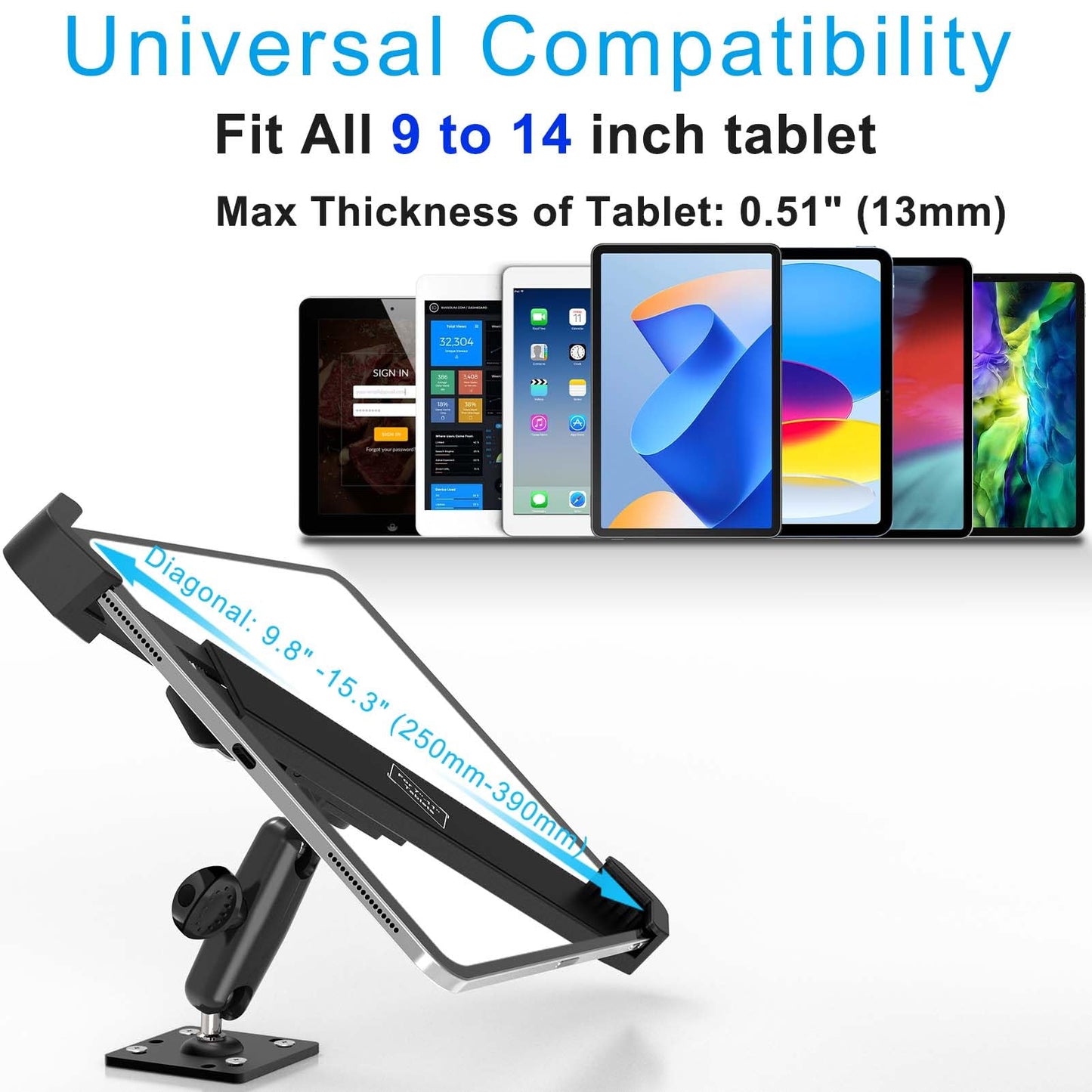 Cuxwill Tablet Wall Mount Lock Holder for 9-14" iPad, Metal Anti Theft Tablet Kiosk Mount with Secure Lockable for Conference Room, Desktop, Under Counter, Cabinet, Gym - Fits iPad, Galaxy Tab Series