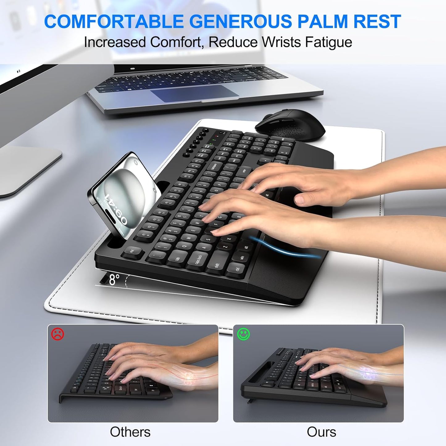 EDJO Set Wireless Keyboard and Mouse Combo, Full-Size Ergonomic Wireless Computer Keyboard with Wrist Rest, Phone