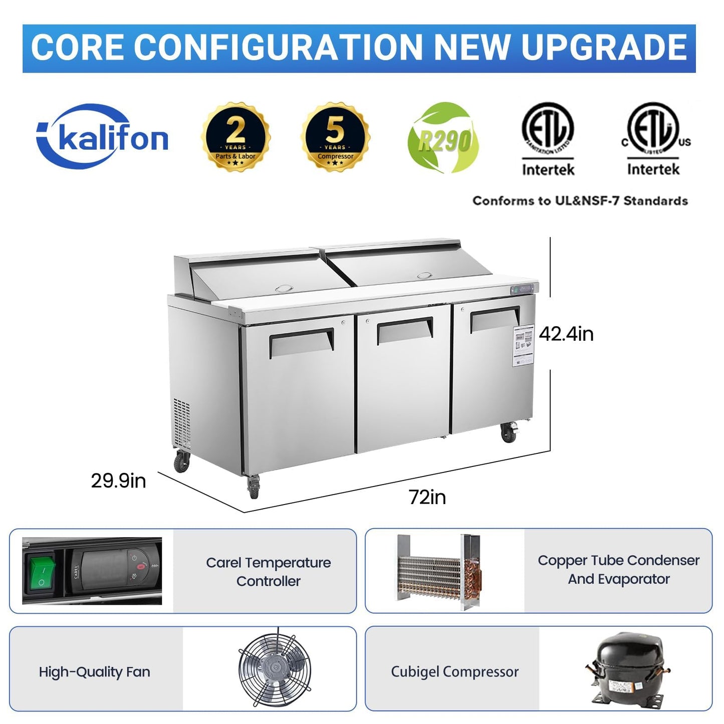 kalifon 72" W 3 Door Commercial Refrigerator Sandwich Salad Prep Table Stainless Steel Fan Cooling Refrigerator with Cutting Board, 3 Shelves & 30 Pans for Restaurant, Bar, Shop-20 Cu.ft
