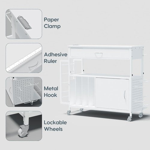 Height-Adjustable Gift Wrapping Station by [Brand Name] - Rolling Cart with Paper Clamp & Ribbon Storage | White