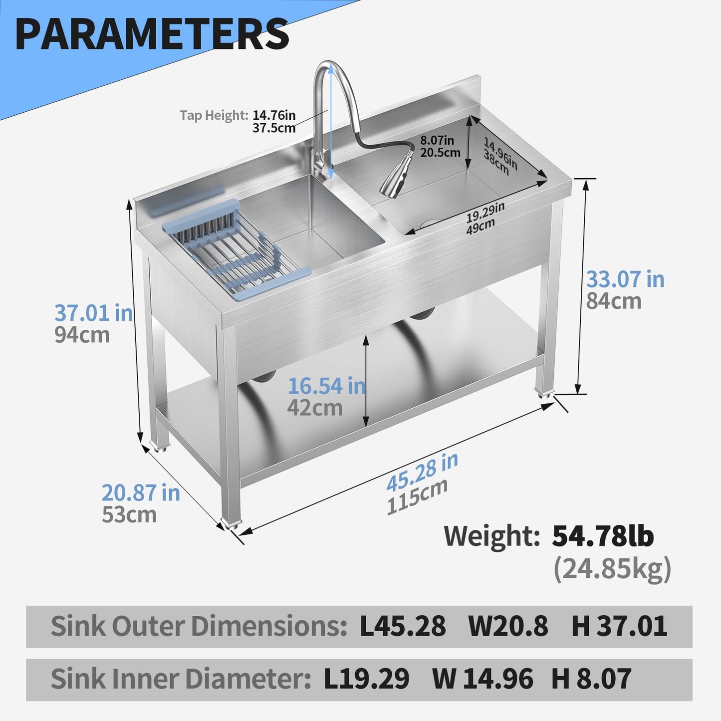 Double Bowl Kitchen Sinks Set w/Hot and Cold Faucet,Stainless Steel Utility Sink for Kitchen and Bathroom Farmhouse Style