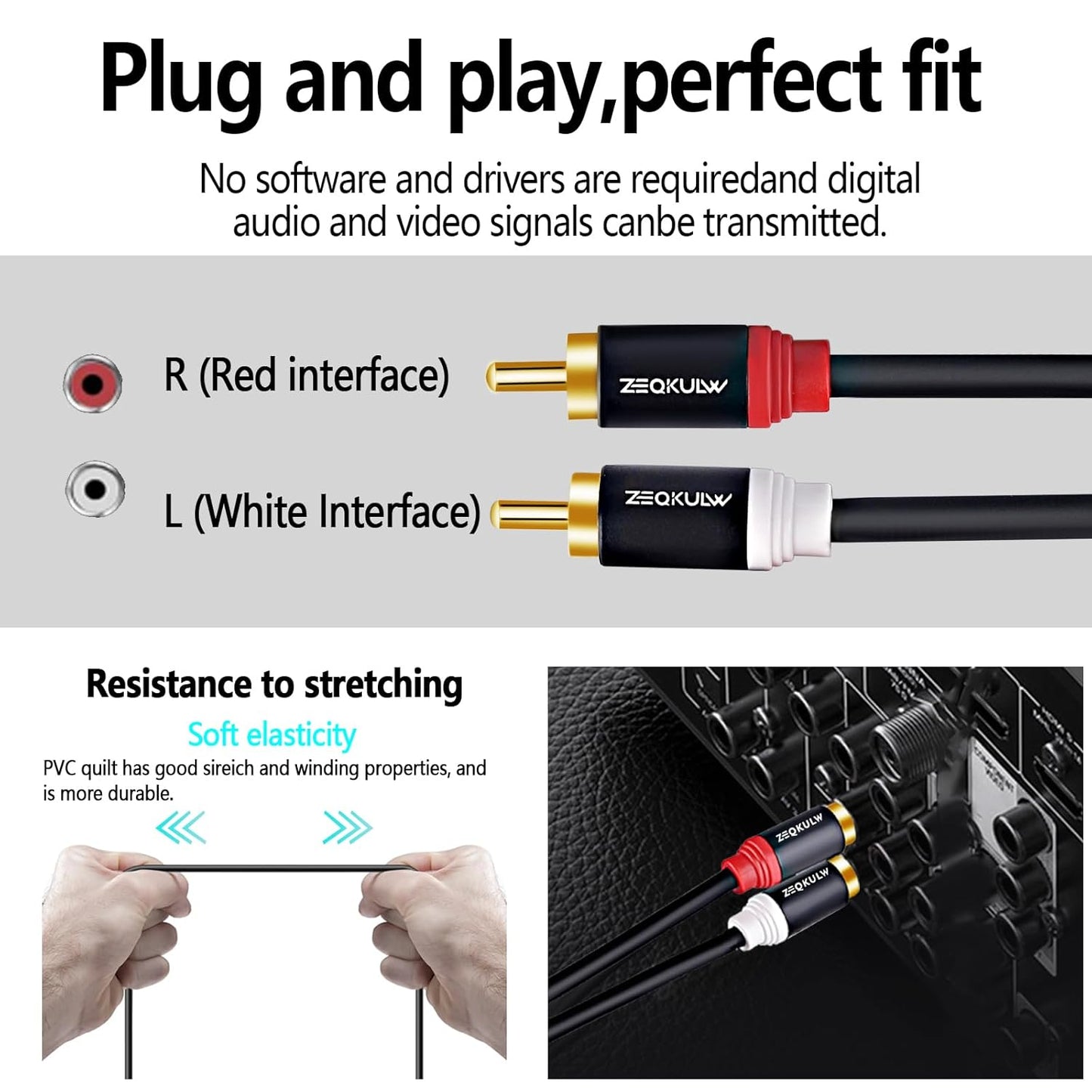 ZEQKULW 2RCA 15 2RCA 2RCA 2 15FT) Audio Video Cable ft Male to Male Stereo Audio RCA Cables Dual Shielded Gold-Plated