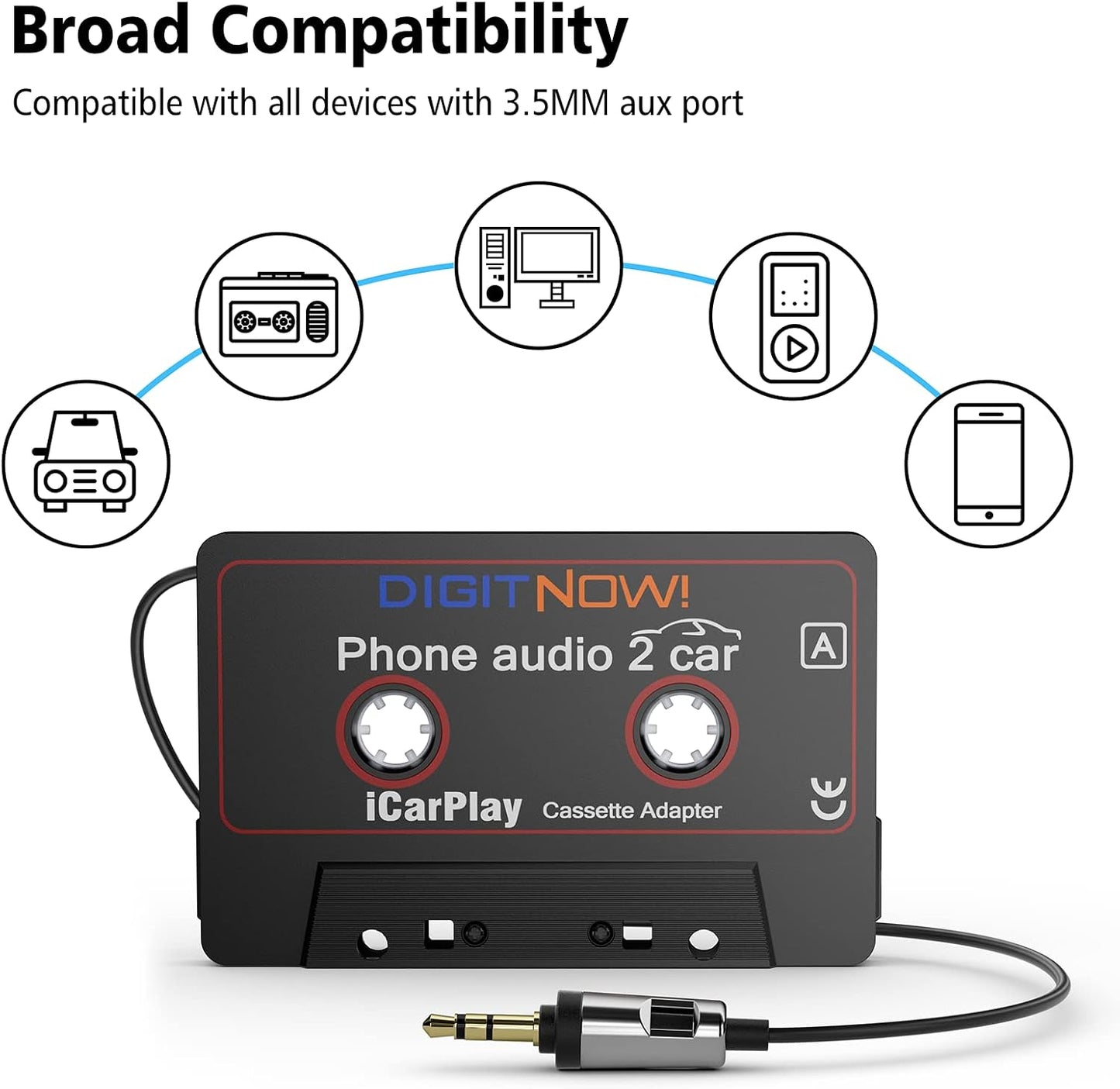DIGITNOW Cassette 3.5MM Smartphone/MP3 3.7Ft Car Audio to Aux Adapter, Aux Audio Cable Tape Player for Player/CD