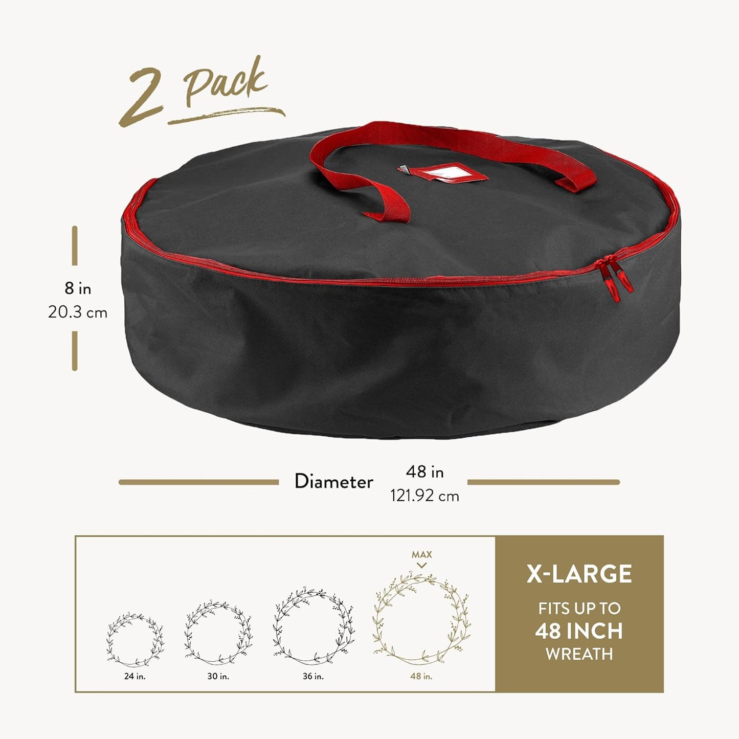 ZOBER Oxford Christmas Wreath Storage Container - 48 Inch Waterproof Bag with Dual Zippers & Durable Handles - Black