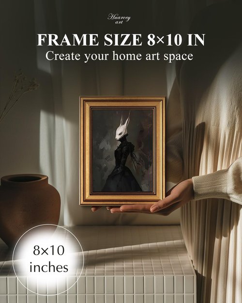 HUARCEY Vintage Wall Art - Gold Framed Gothic Rabbit Lady Canvas Print | Aesthetic Dark Academia 8x10in