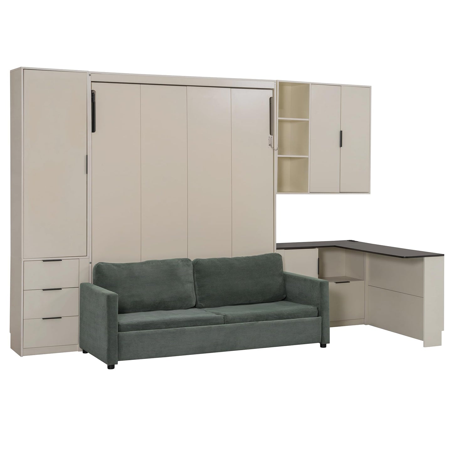 Murphy Bed Queen Bed Frame with Headboard,Hydraulic Storage,Sofa,Hydraulic Lift Wood Wall Murphy Beds w/Shelves & Drawers,LED/USB Lighting,Desk,2 Pillows,Hideaway Bedframe for Bedroom,Beige