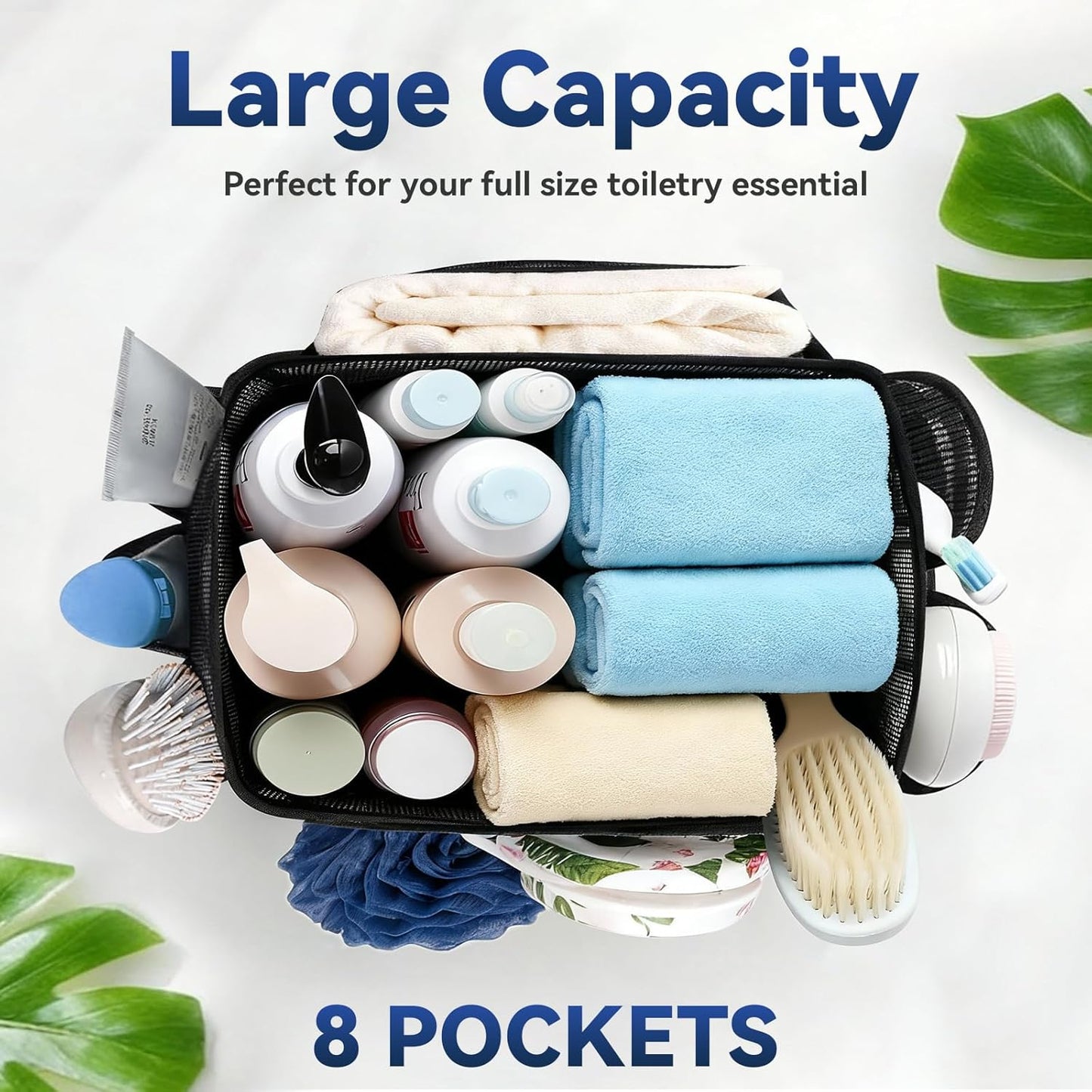 YASONIC Mesh Shower Caddy - Portable 8-Pocket Shower Bag with Double Handles | Black for Dorm & Gym Use