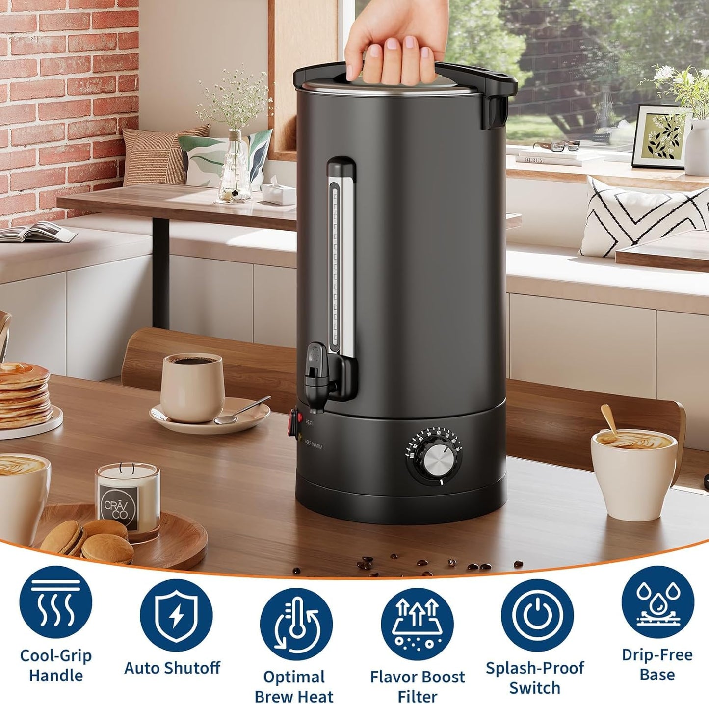 PeacefulHues 120 Cup Commercial Coffee Urn - 18L/4.8Gal Stainless Steel Electric Coffee Maker With Double Wall Insulation, Hot Beverage & Water Dispenser for Weddings, Parties, Catering, Buffets