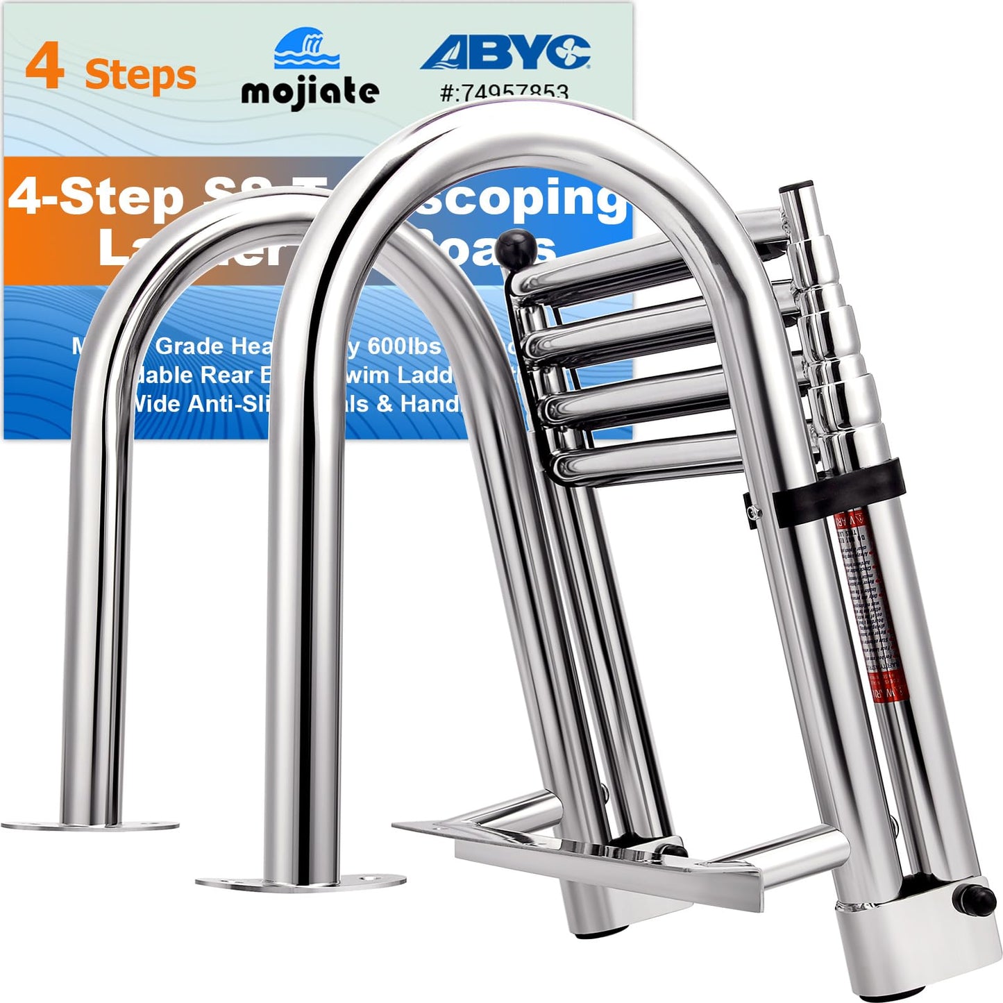 Mojiate 4-Step Stainless Steel Telescoping Dock Ladder for Pontoon Boats - Heavy Duty 600lbs Capacity, Foldable Rear Entry Swim Ladder with Wide Anti-Slip Pedals & Handrails