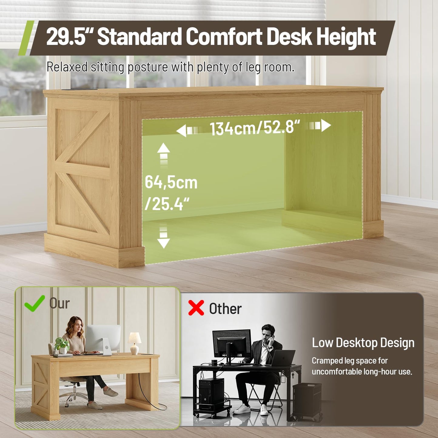STHYTON 63-Inch Farmhouse Executive Desk, Long Computer Desk with Built-in Charging Station & Bottom Storage, Home Office Writing Study Desk for Bedroom, Living Room, Natural