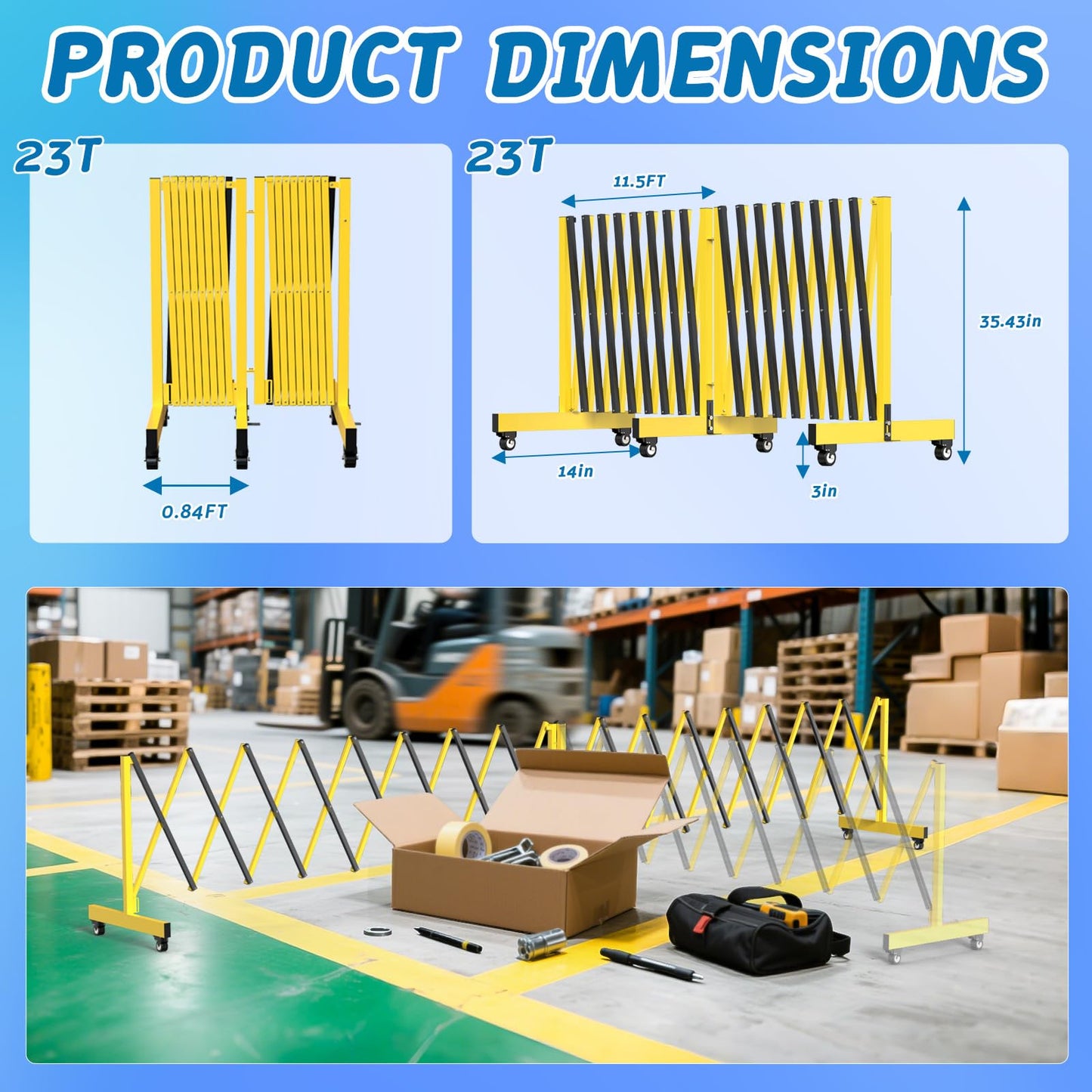 23 FT Industrial Expandable Barricade, Folding Security Gate with Wheels, Retractable Driveway Gate, Adjustable Traffic Fence for Construction Site, Traffic Control, Cordon, Elevator, Garage