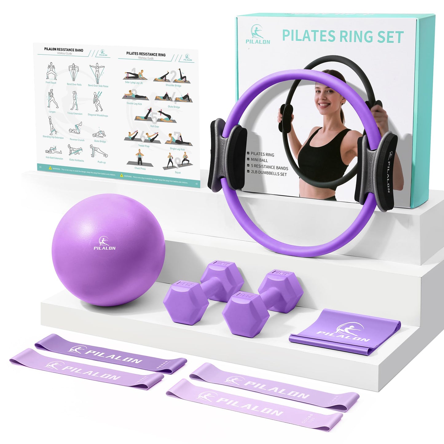 PILALON Pilates Ring Set - Studio-Grade Anti-Deformation Pilates Kit - Pilates Equipment for Home Workout - 14'' Pilates Ring, Pilates Ball, 2 Dumbbells, 5 Resistance Bands for Toning Arms, Thighs