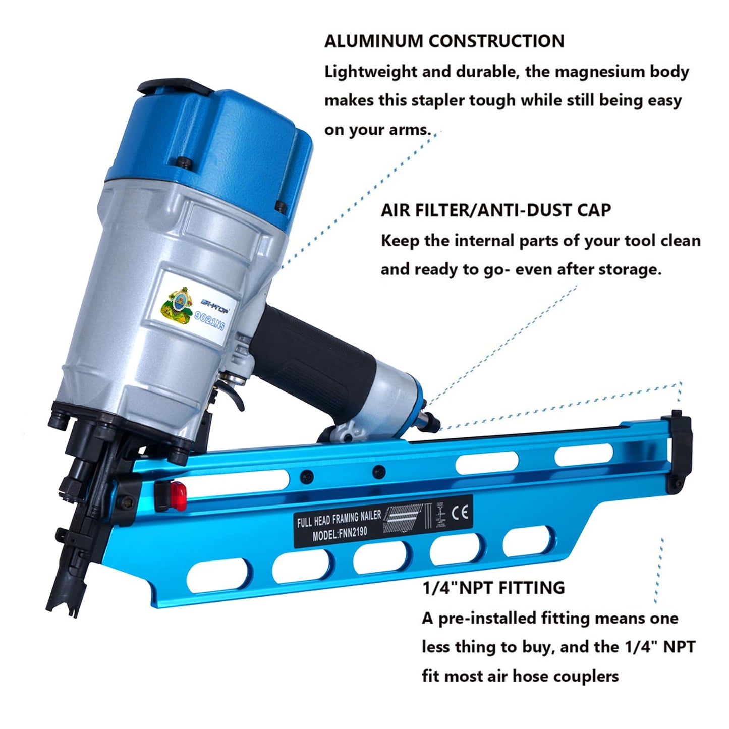BHTOP Honduras Style 9021NS Framing Nailer 21 Degree 3-1/2" with Depth Adjustment Professional Air Nail Gun