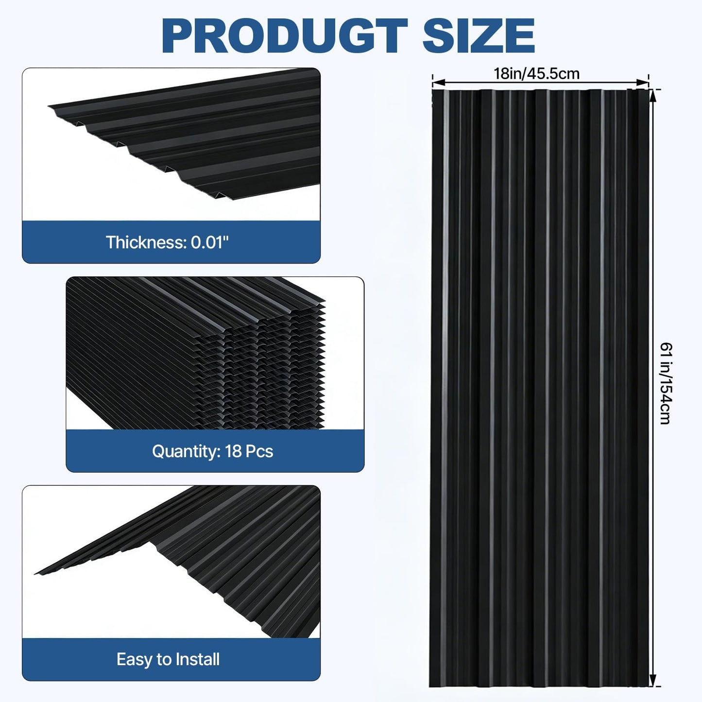 18 Pcs Metal Roof Panels, 18"×43" Metal Siding Panels with 200 Screws and Glove, Corrugated Roofing Panel, for Garages, Sheds, Chicken Coop, Patio, Black