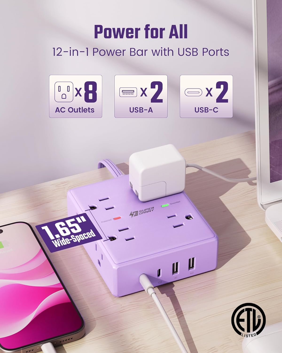 SUPERDANNY 10Ft, 8 4 (2 Purple Extension Cord Flat Plug Surge Protector Power Strip Kawaii, Outlets & USB Ports USB C)