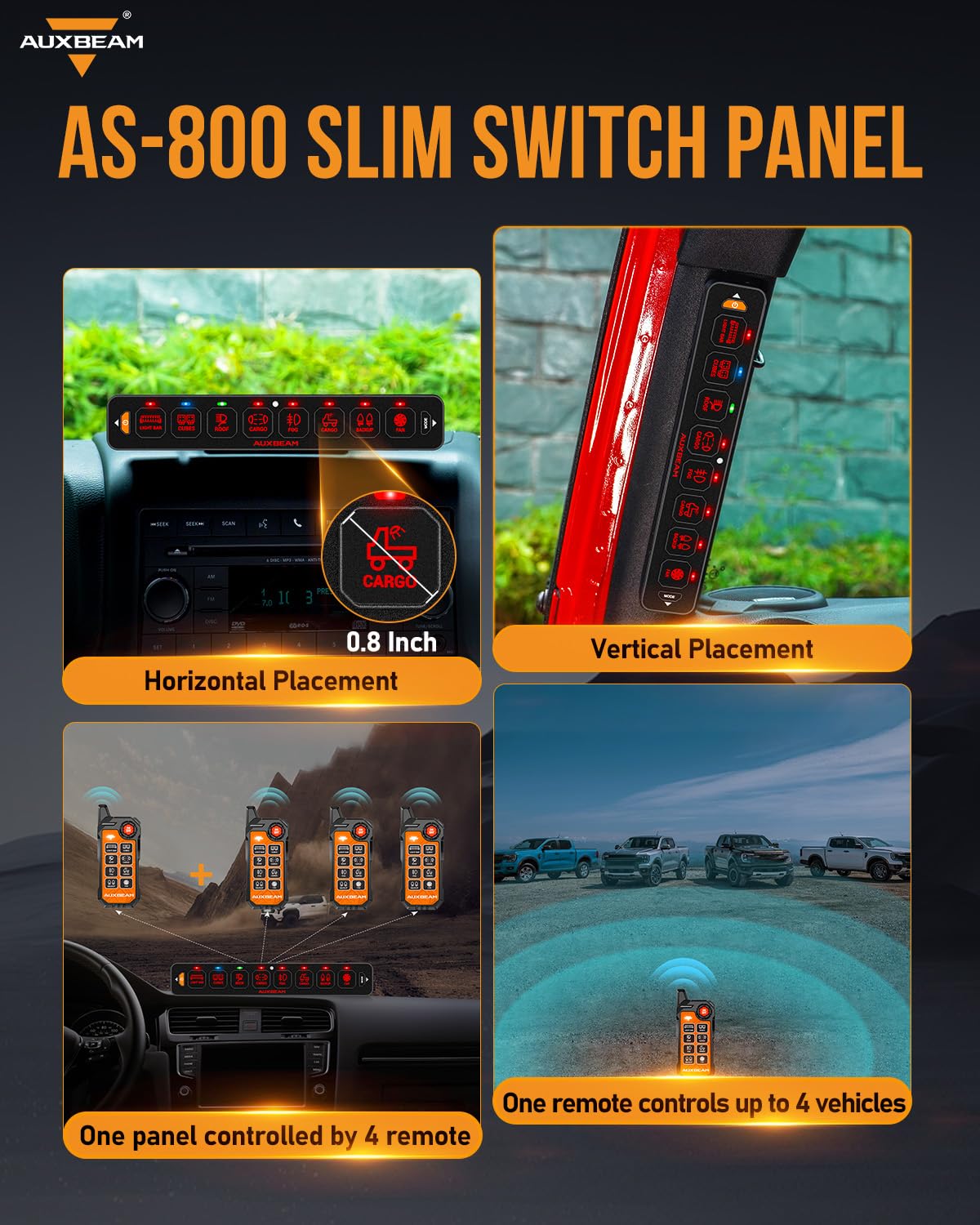 Auxbeam 8 Gang Slim Switch Panel Bluetooth RGB AS-800 with APP&Remote Control Toggle Momentary Pulsed 80A Switch Pod Off Backlight for 12-24V Truck Offroad UTV ATV Car Marine, 3 Years Warranty