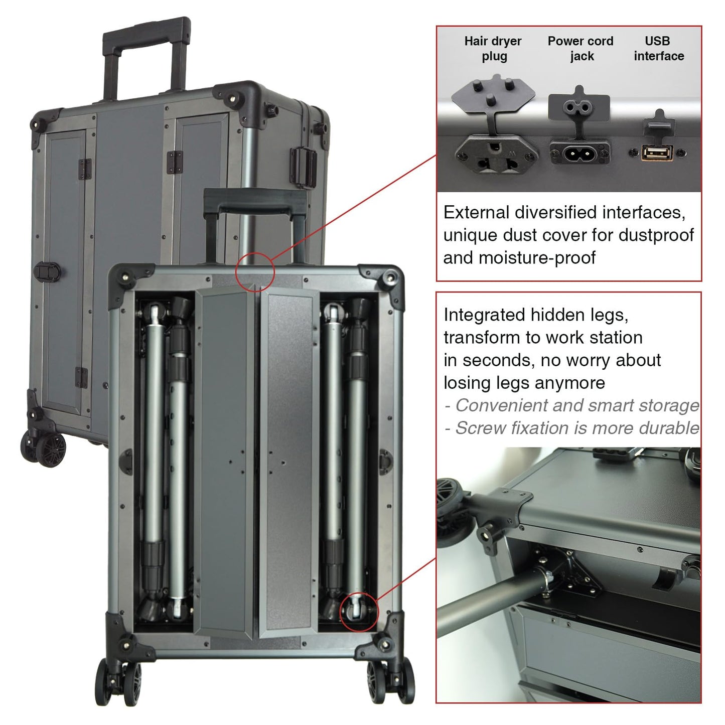 RUKEJUNE Rolling Makeup Train Case with Mirror and Lights Cosmetic Travel Box Mobile Barber Stations with Bluetooth, Speaker, Wheels, Stands