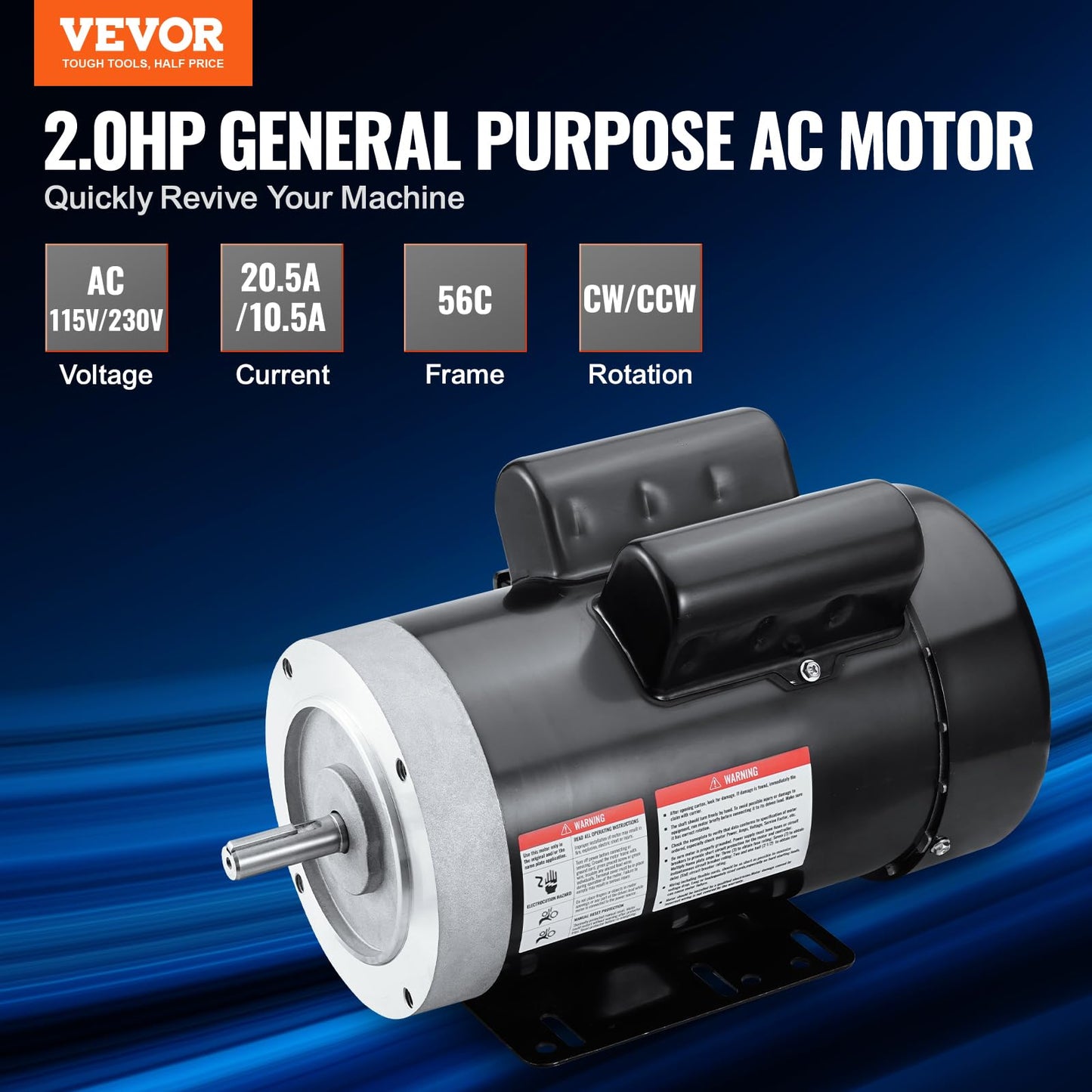 VEVOR 2HP Electric Motor 1725 RPM, AC 115V/230V, 56C Frame, Air Compressor Motor Single Phase, 5/8" Keyed Shaft, CW/CCW Rotation for Agricultural Machinery and General Equipment