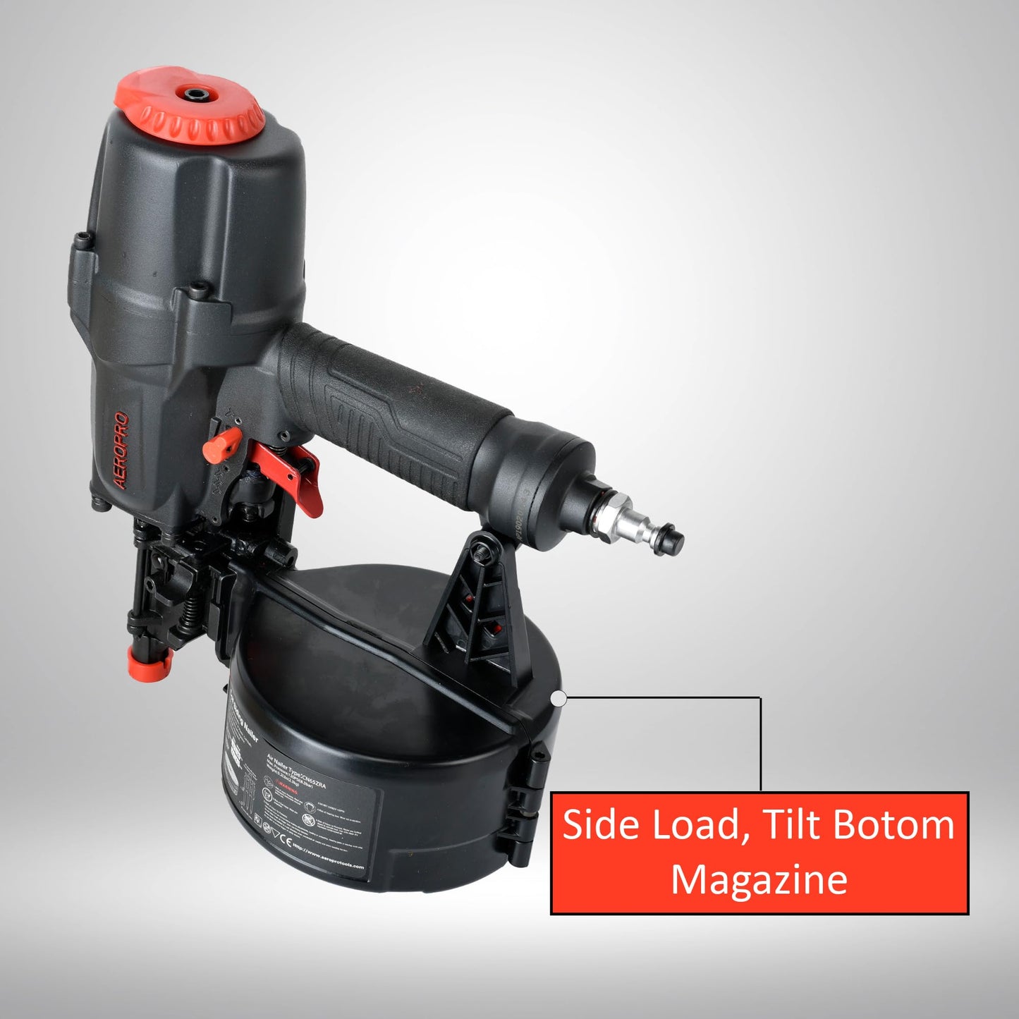 AeroPro CN65Z 0 Degree 1-1/2″ to 2-1/2″ Pneumatic Coil Siding Nailer with Tool-less Depth Adjustment and Side Load, Tilt Bottom Magazine